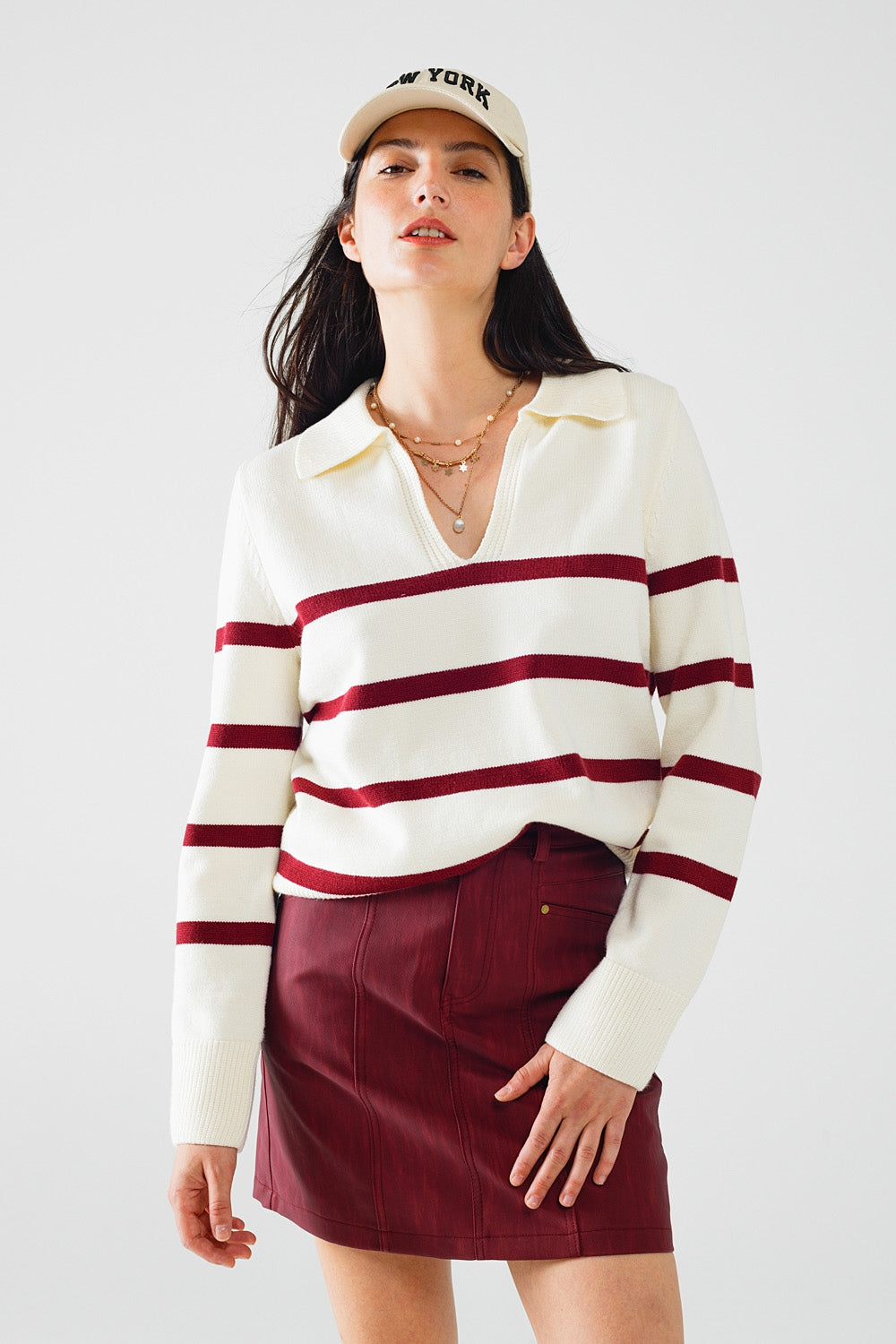 white sweater with dark red stripes and wide v neck - Sweaters