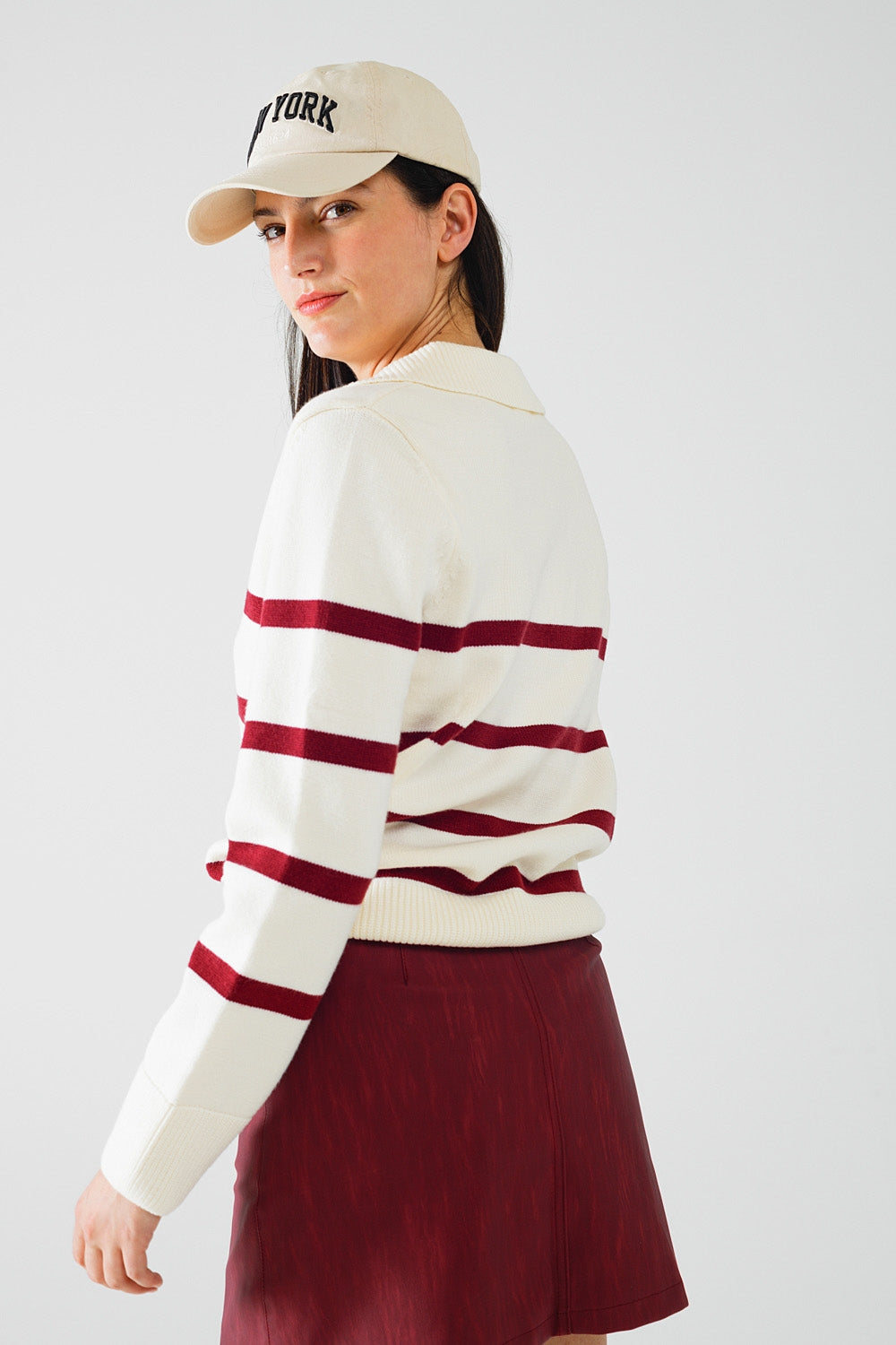 white sweater with dark red stripes and wide v neck - Sweaters