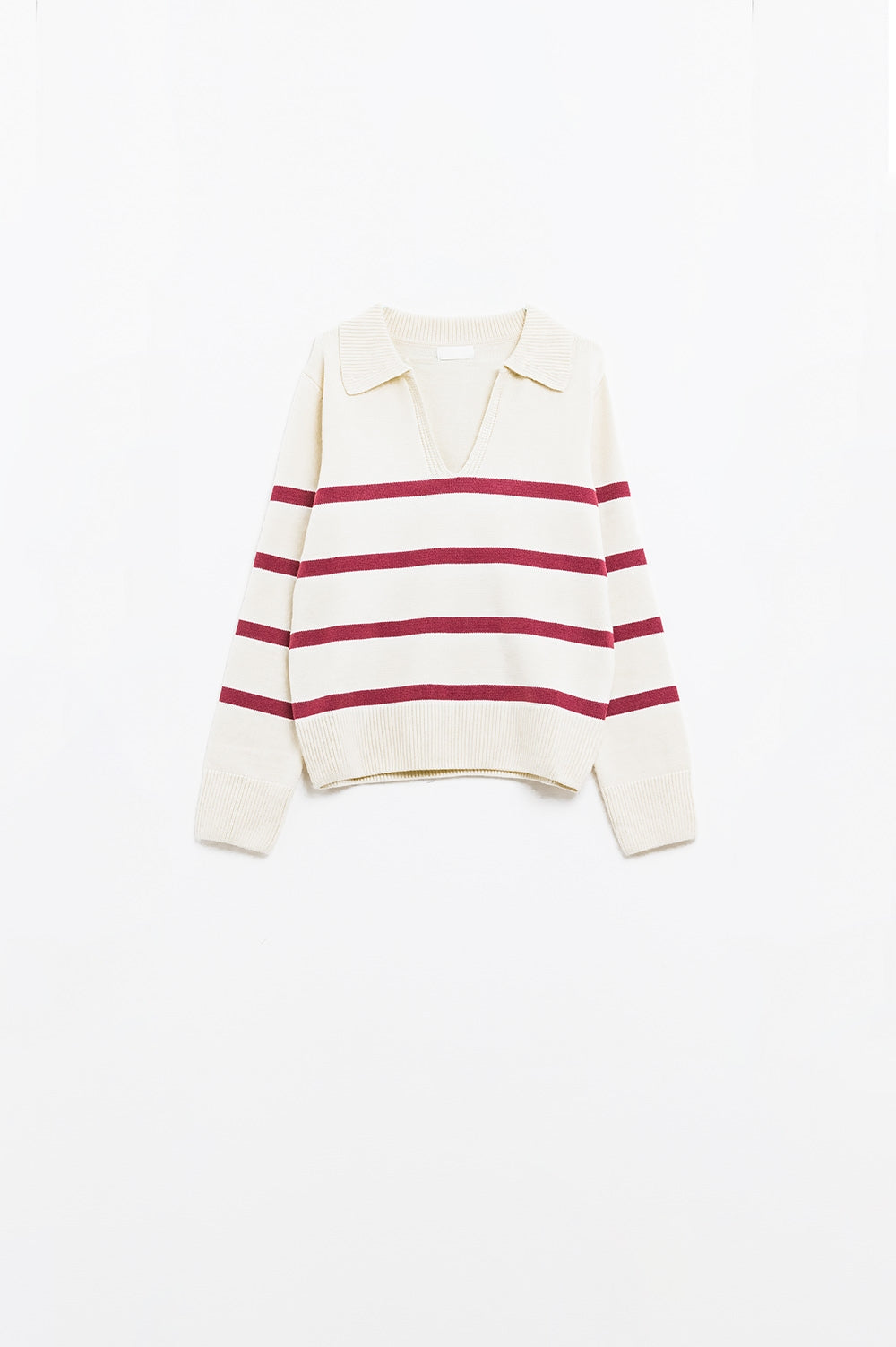 white sweater with dark red stripes and wide v neck - Sweaters