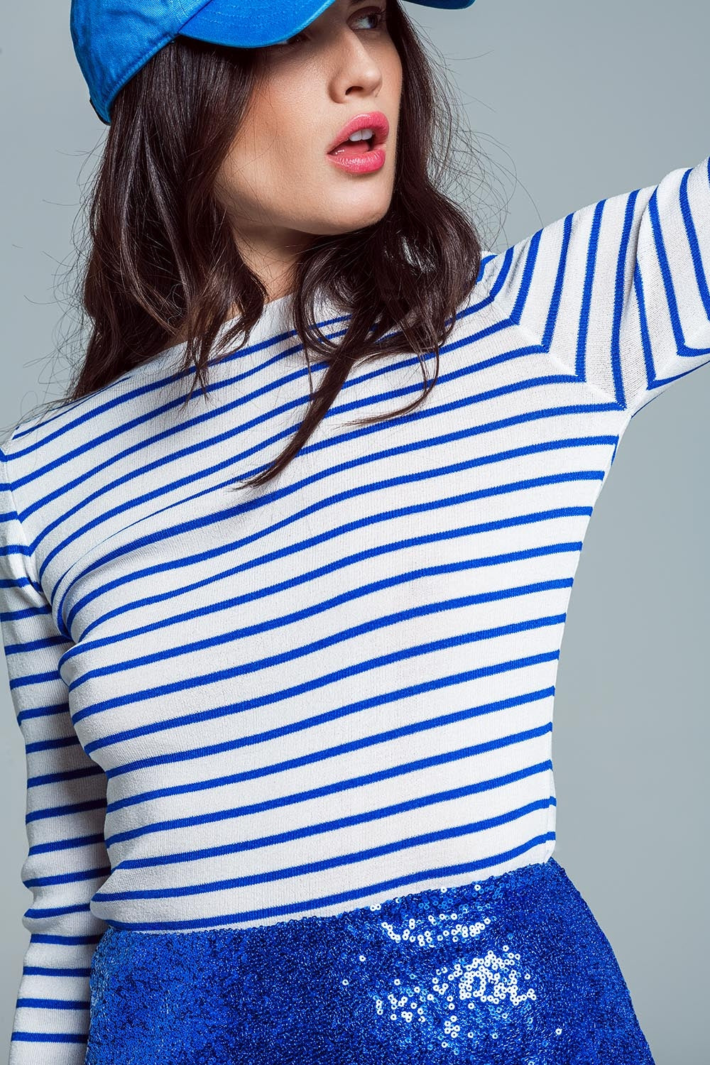 white thin sweater with blue stripes - Jumpers