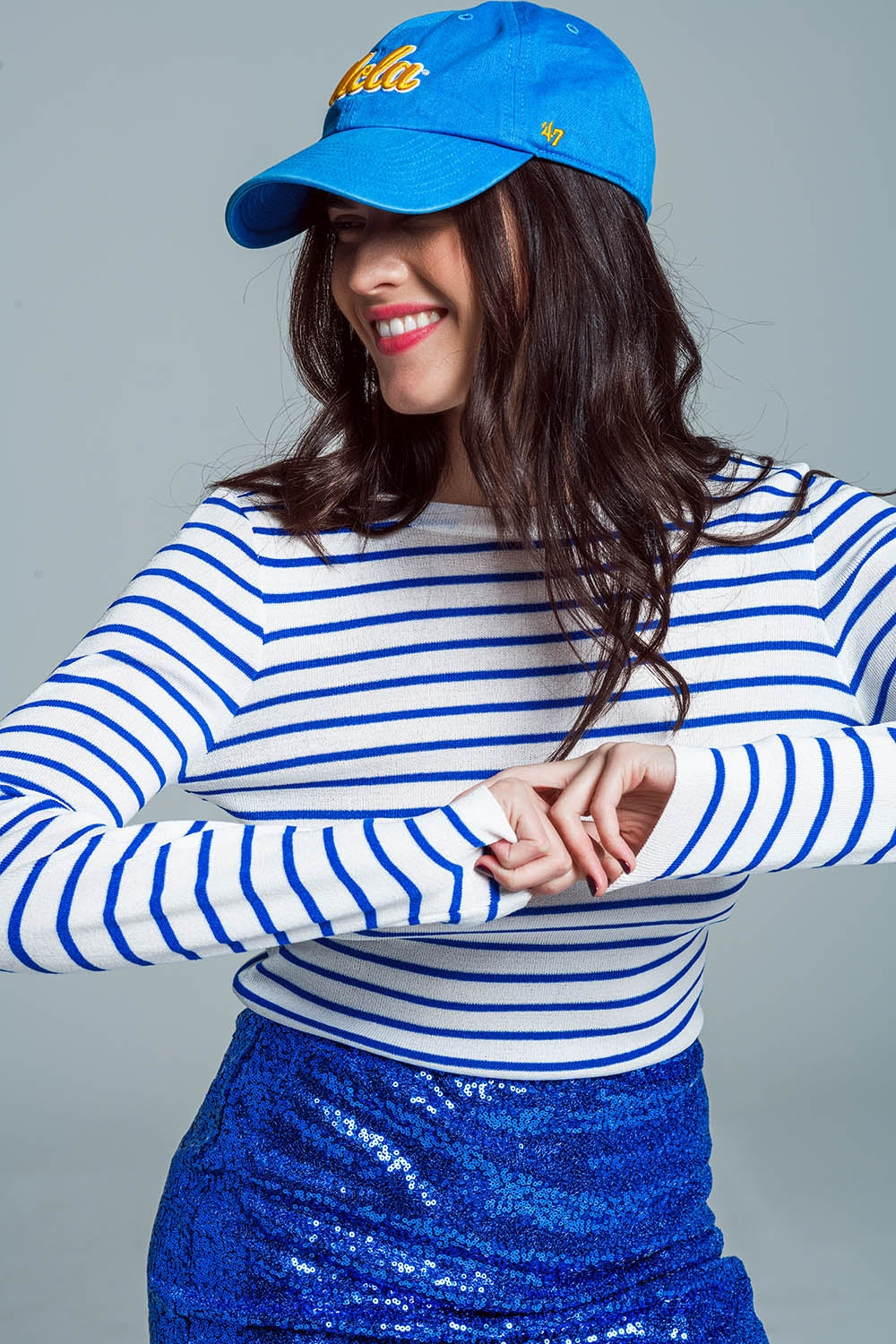 white thin sweater with blue stripes - Jumpers