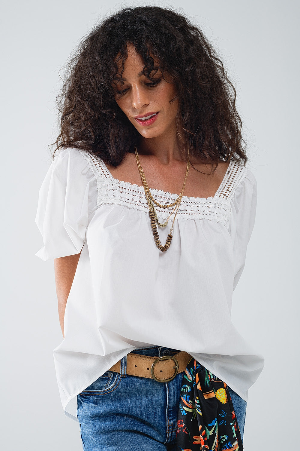 White Top With Square Neckline And Short Sleeves - Tops