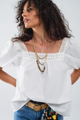 White Top With Square Neckline And Short Sleeves