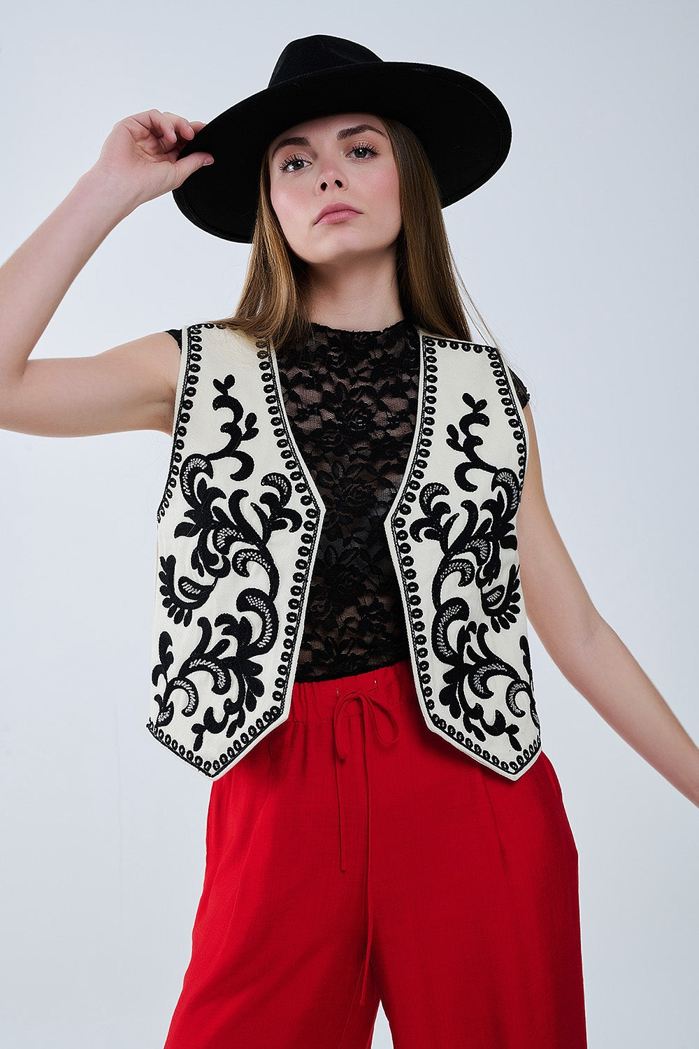 White Vest with Black Baroque embroidered - Vests