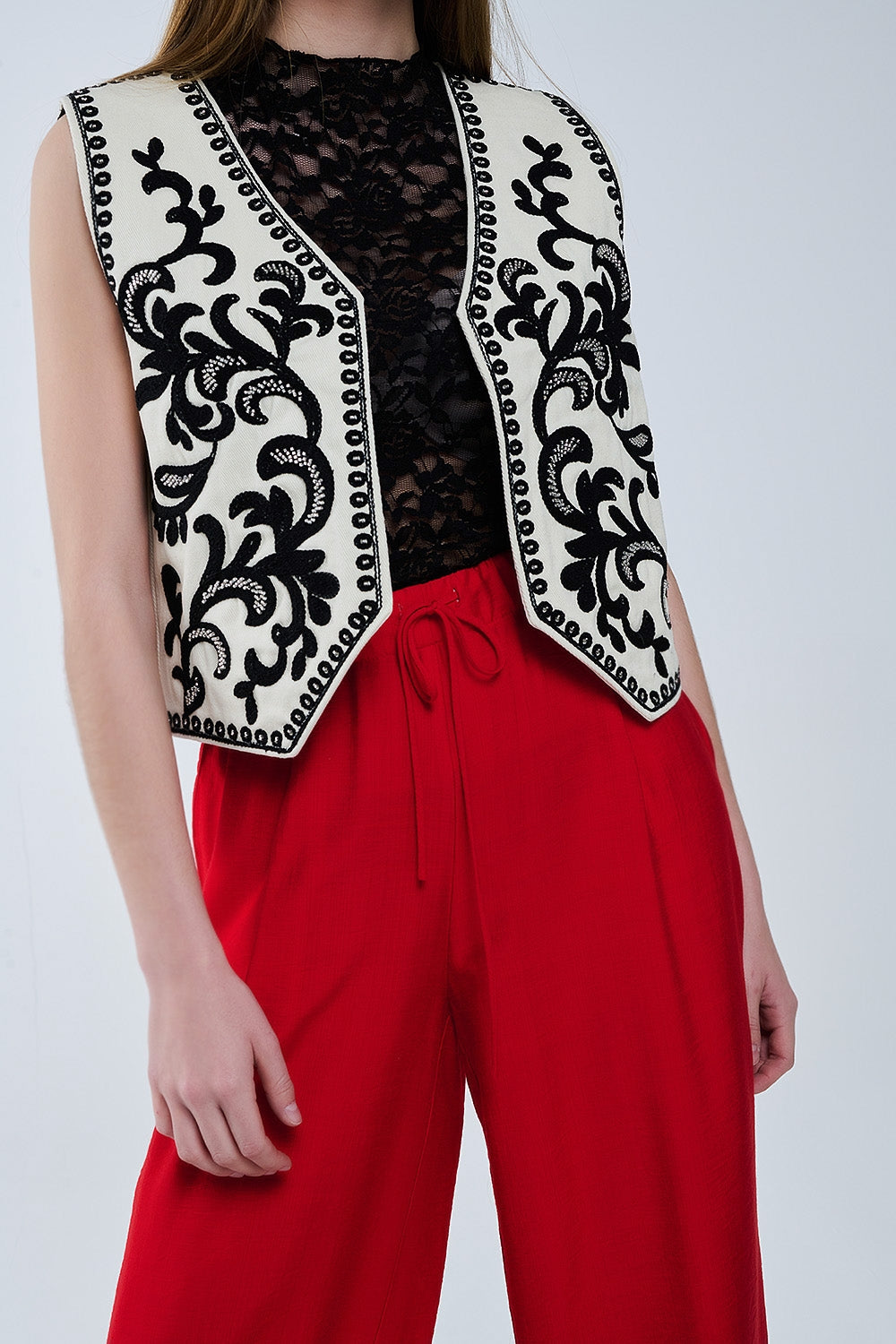 White Vest with Black Baroque embroidered - Vests