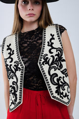 White Vest with Black Baroque embroidered