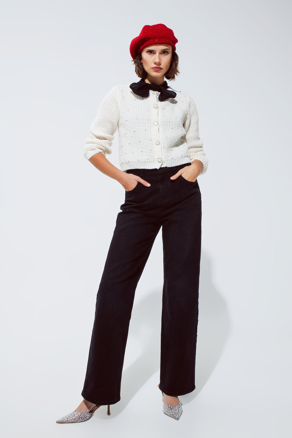 White Waffle Knit Cardigan With Embellished Pearls And Jewelled Buttons In White - Cardigans