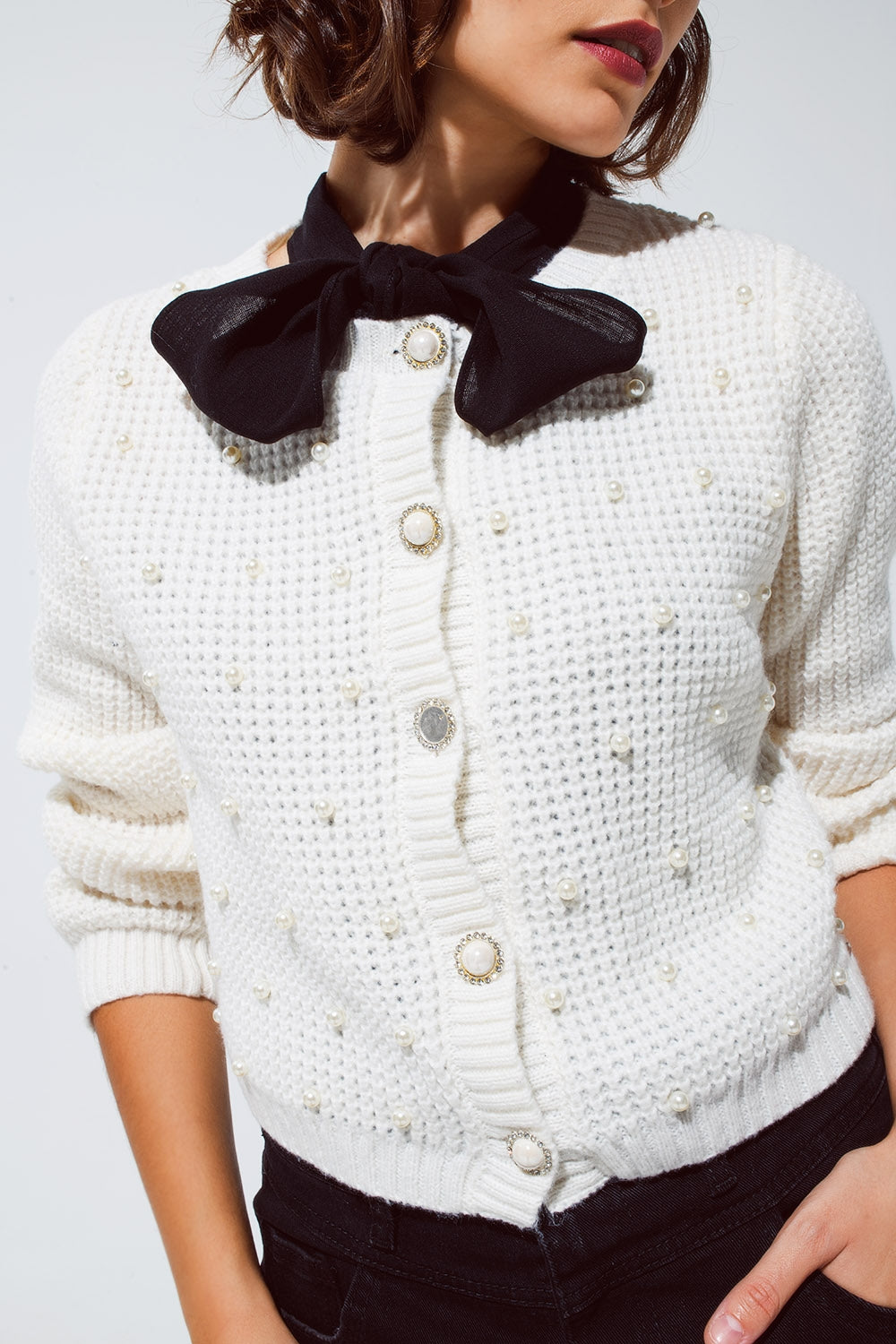 White Waffle Knit Cardigan With Embellished Pearls And Jewelled Buttons In White - Cardigans