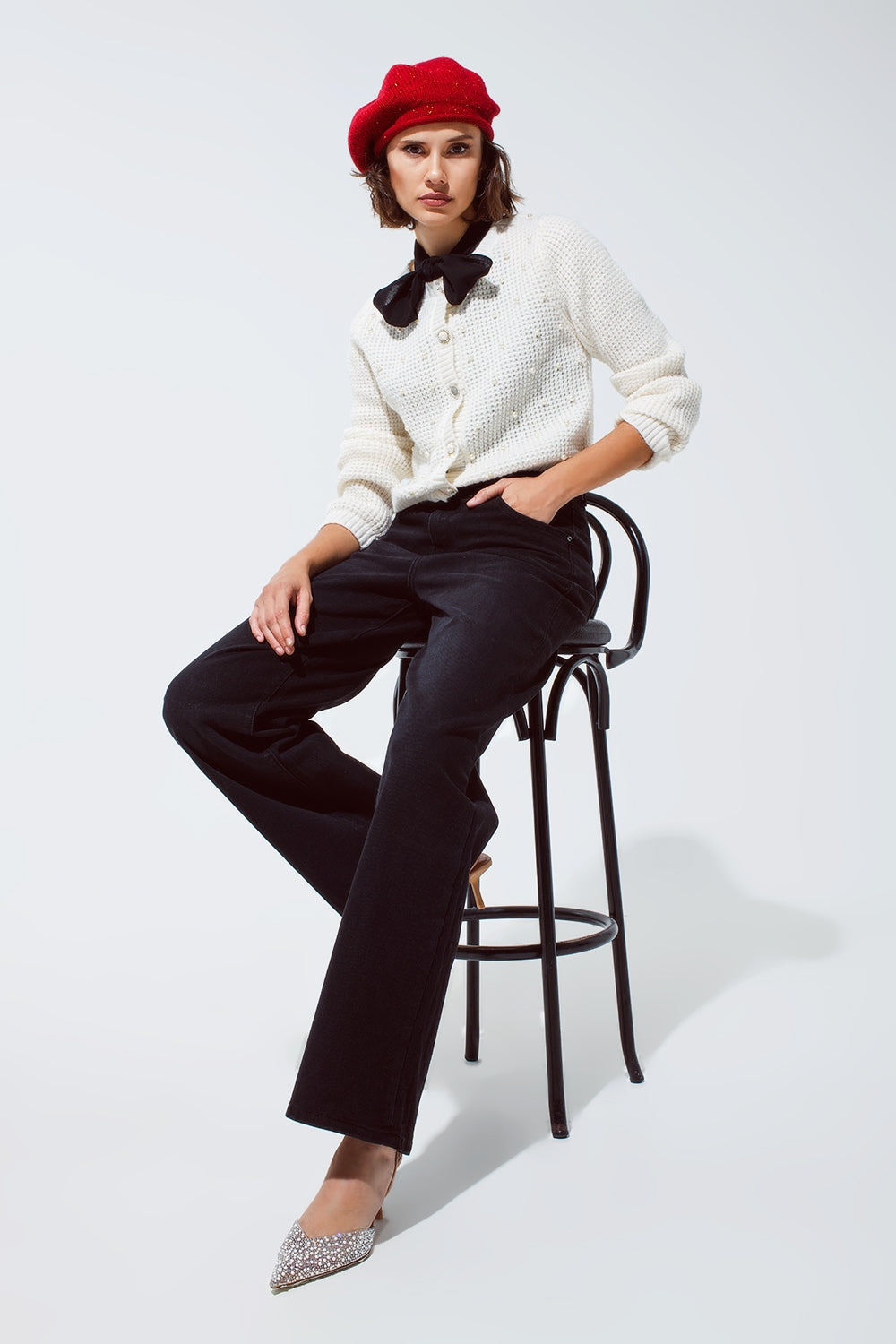 White Waffle Knit Cardigan With Embellished Pearls And Jewelled Buttons In White - Cardigans