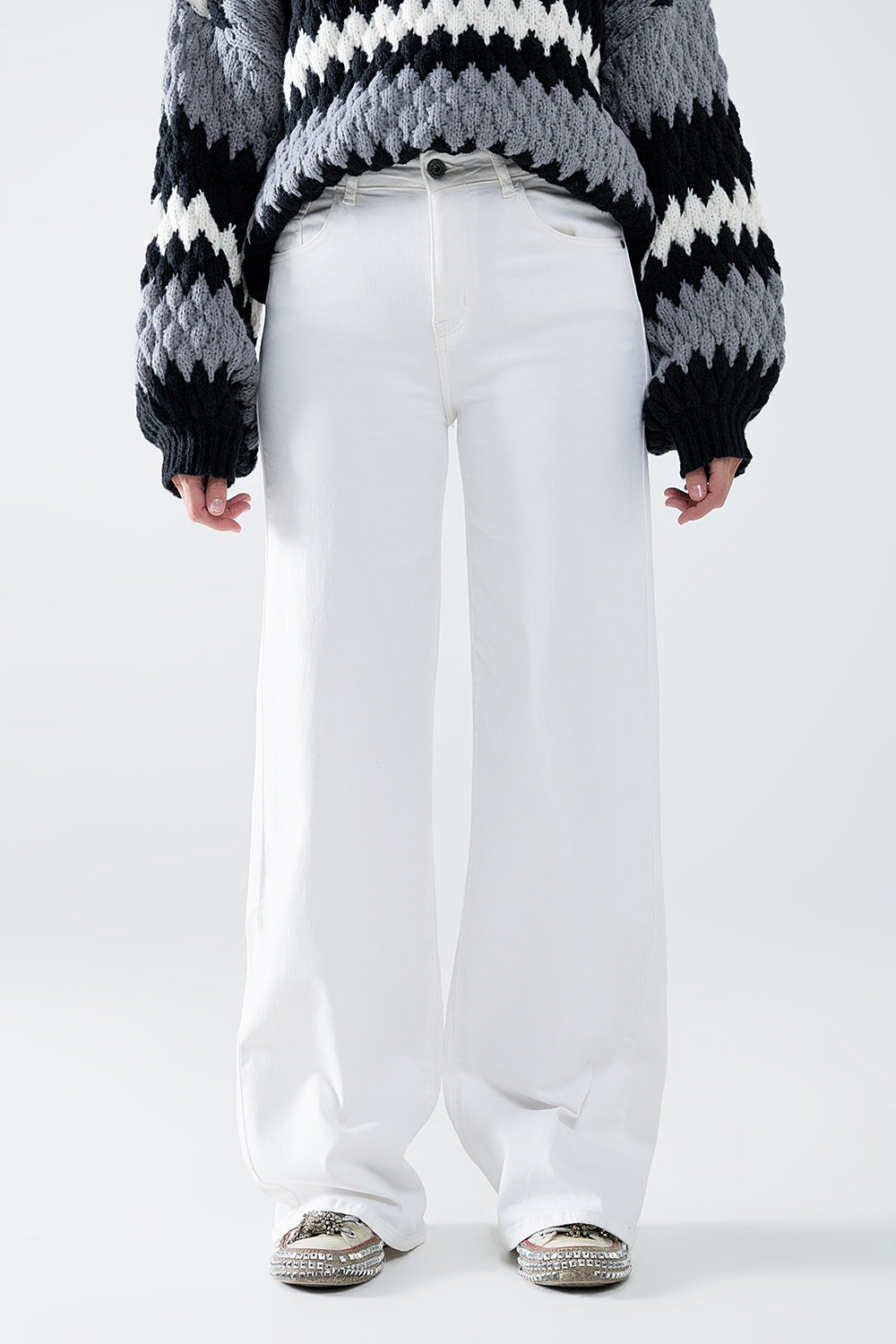 white wide leg high rise Pants - Trousers
