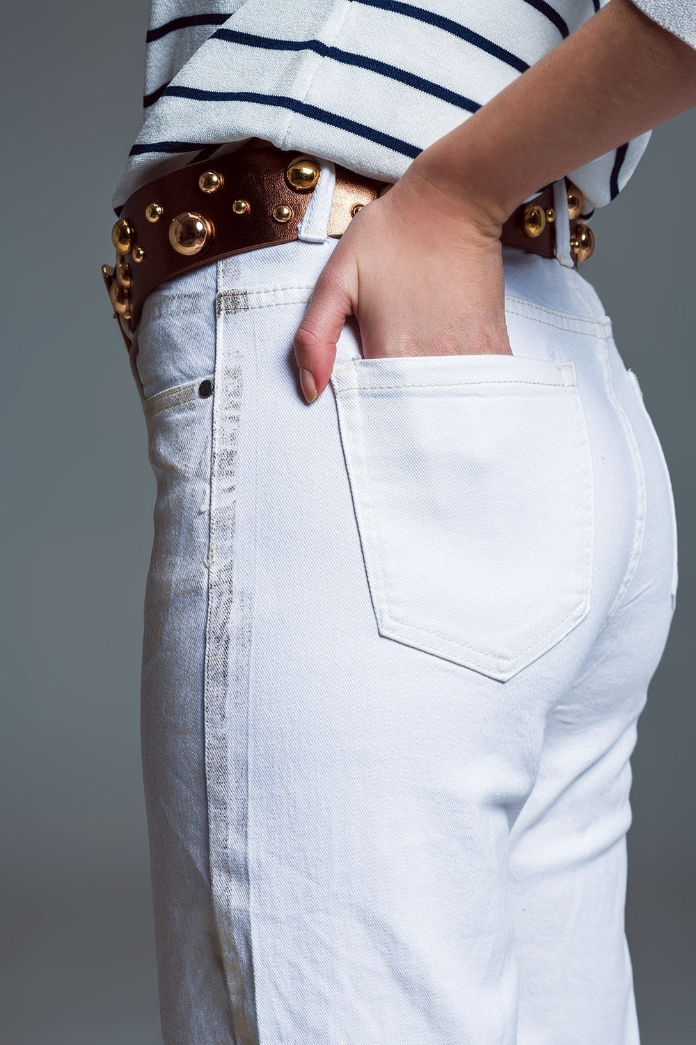 White Wide Leg Jeans With Metallic Finish In Gold - Jeans