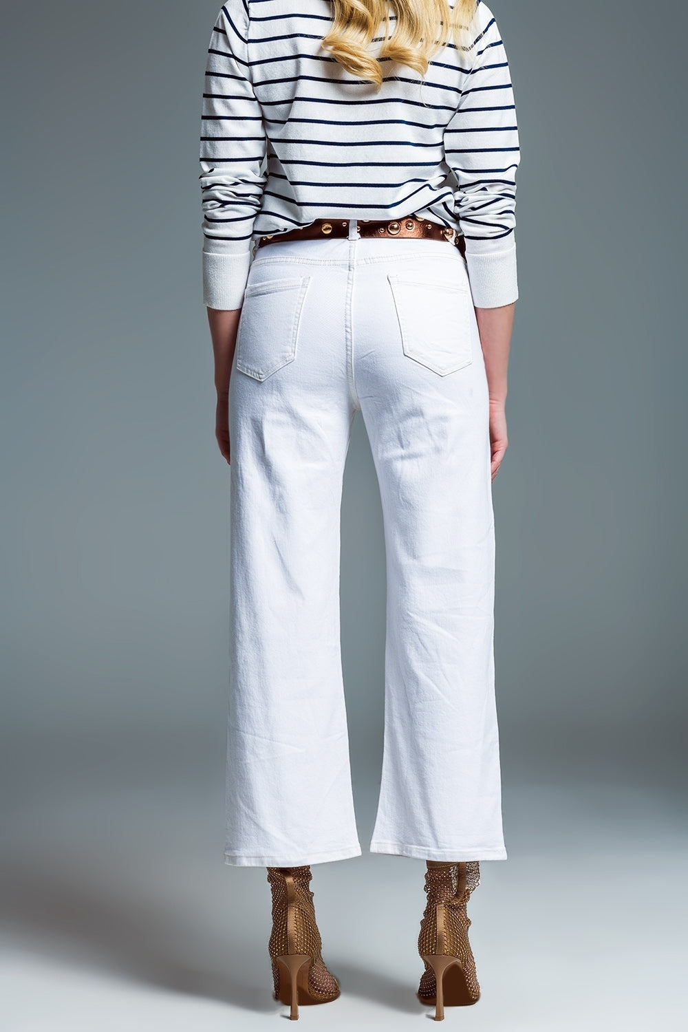 White Wide Leg Jeans With Metallic Finish In Gold - Jeans