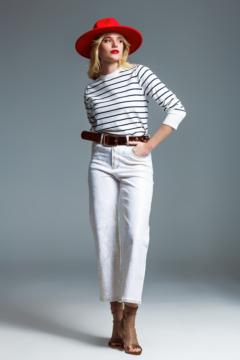 White Wide Leg Jeans With Metallic Finish In Gold - Jeans