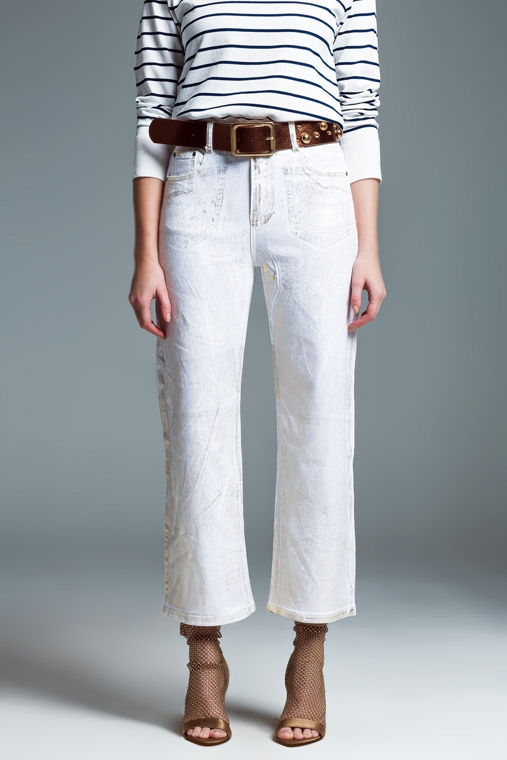 White Wide Leg Jeans With Metallic Finish In Gold - Jeans