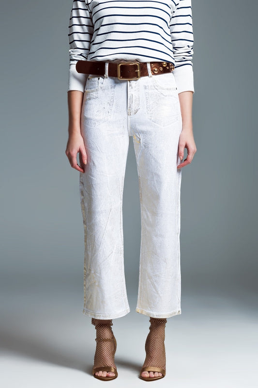 White Wide Leg Jeans With Metallic Finish In Gold - Jeans