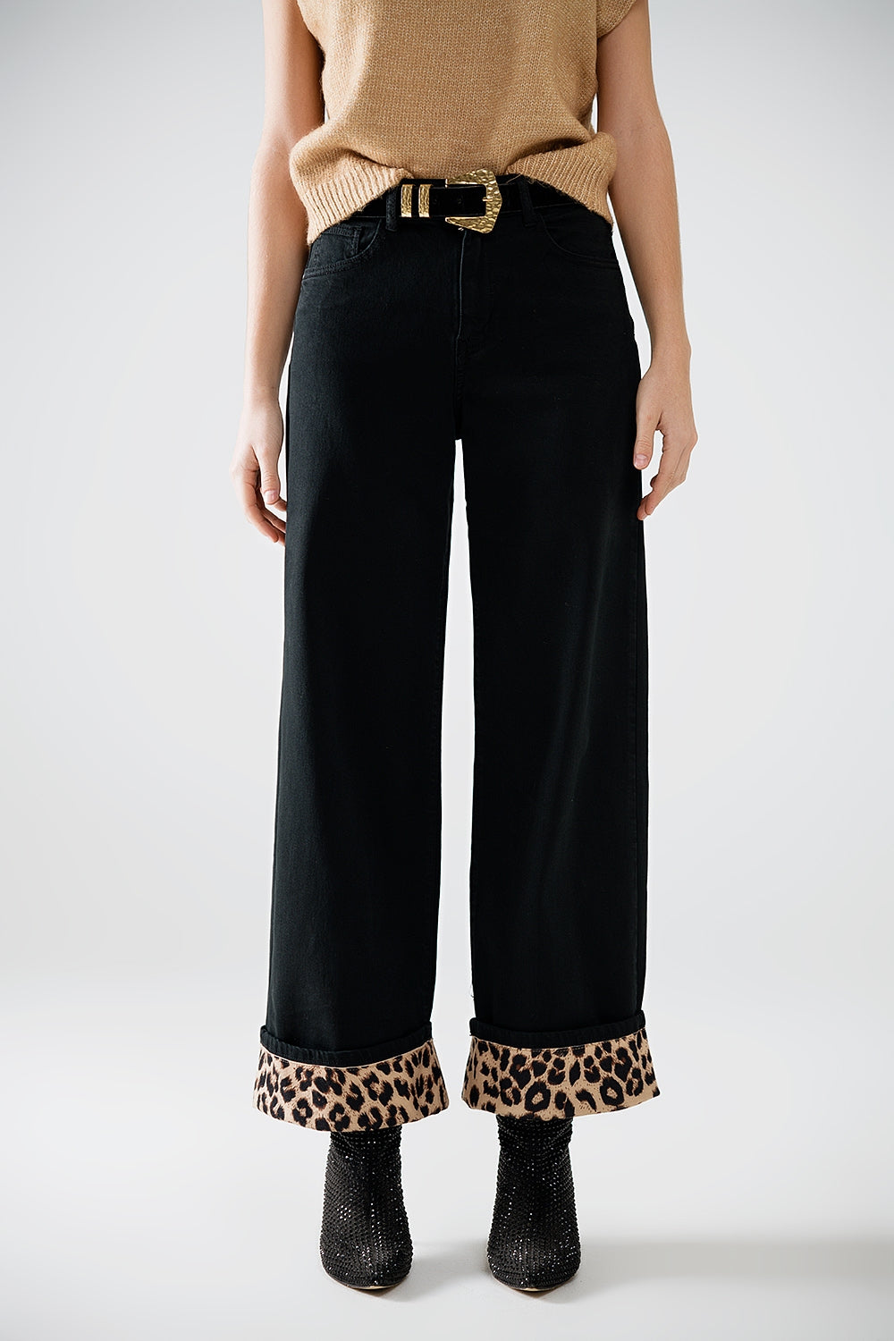 Wide leg black pants with leopard print at the bottom - Trousers