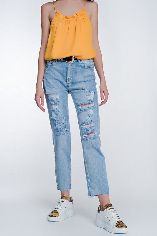 wide leg cropped raw hem jeans in blue colour - Jeans