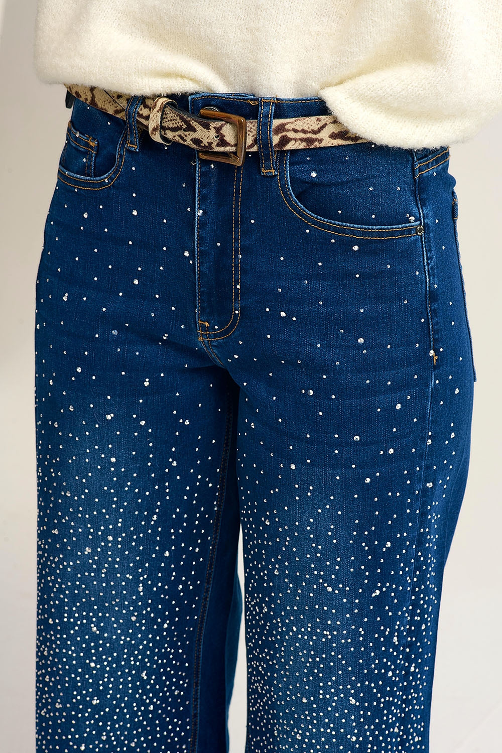 Wide Leg Denim Jeans with Rhinestone Detailing Front - Jeans