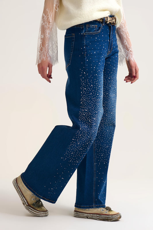 Wide Leg Denim Jeans with Rhinestone Detailing Front - Jeans