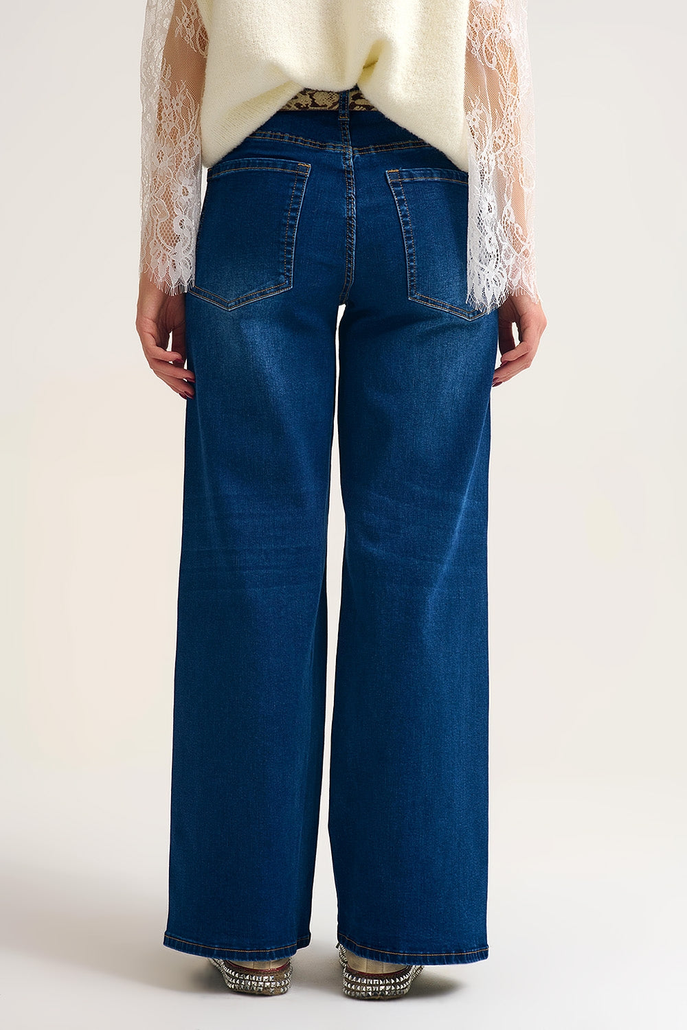 Wide Leg Denim Jeans with Rhinestone Detailing Front - Jeans