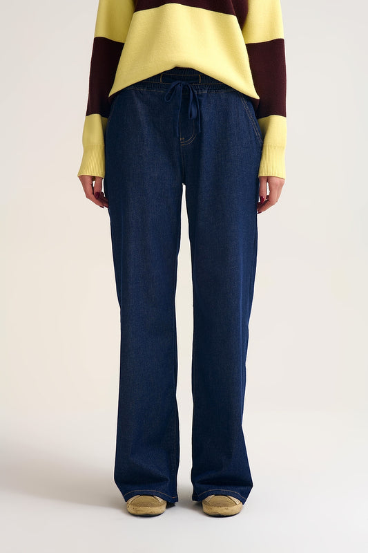 Wide-Leg Denim Pants with Adjustable Elastic Waist in dark wash - Jeans