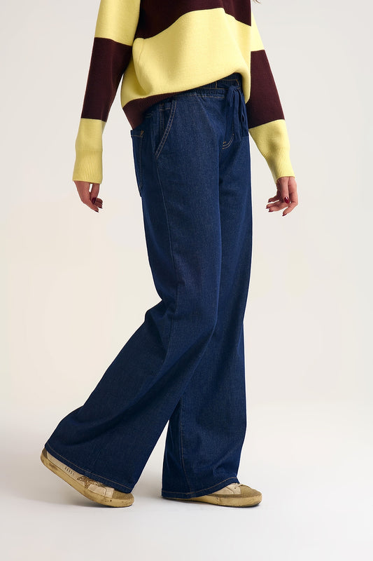 Wide-Leg Denim Pants with Adjustable Elastic Waist in dark wash - Jeans