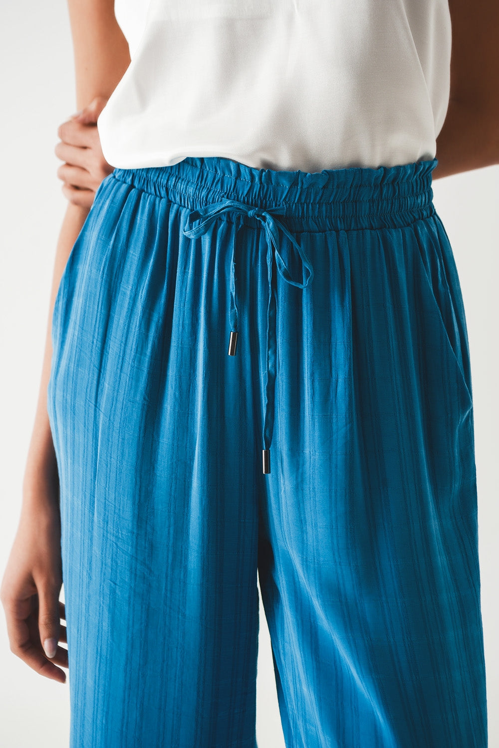 wide leg drawstring pants in blue - Trousers