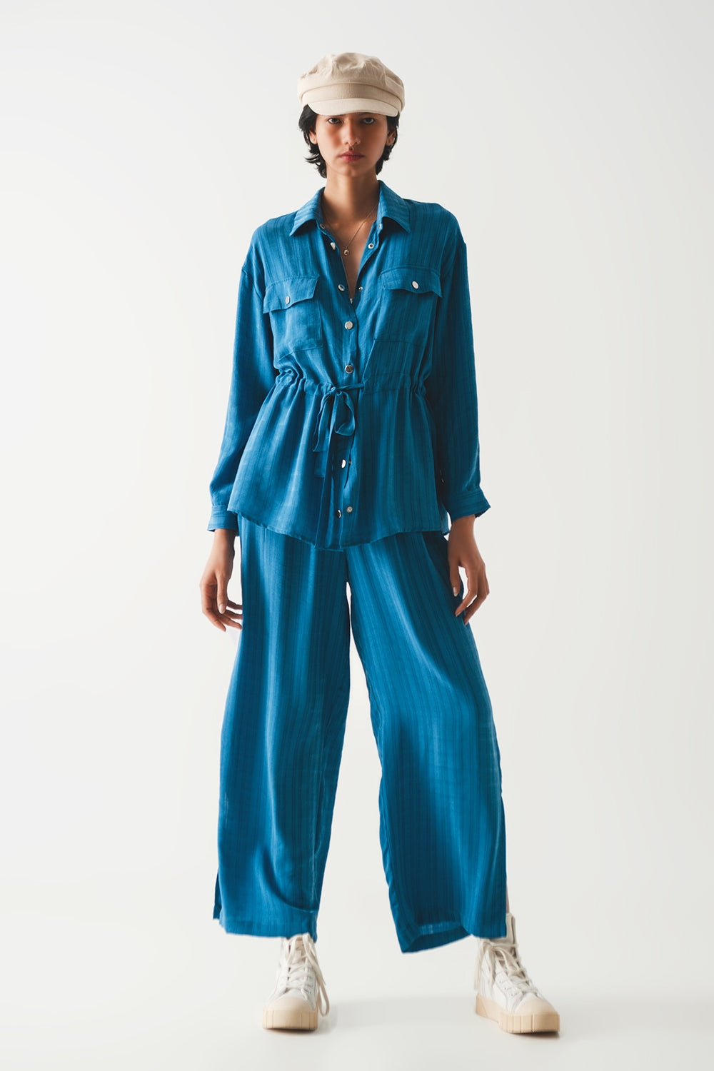 wide leg drawstring pants in blue - Trousers