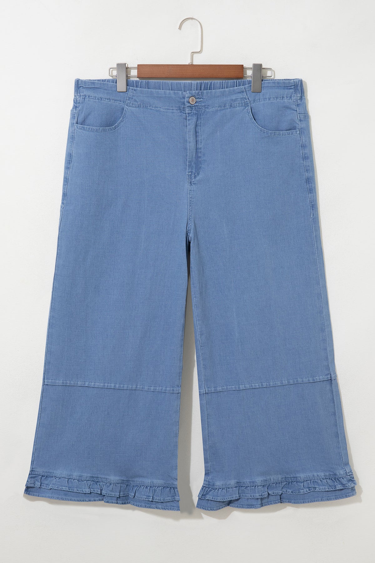 Light Blue Ruffle Hem Wide Leg Full Length Plus Size Jeans - Plus Size/Plus Size Bottoms