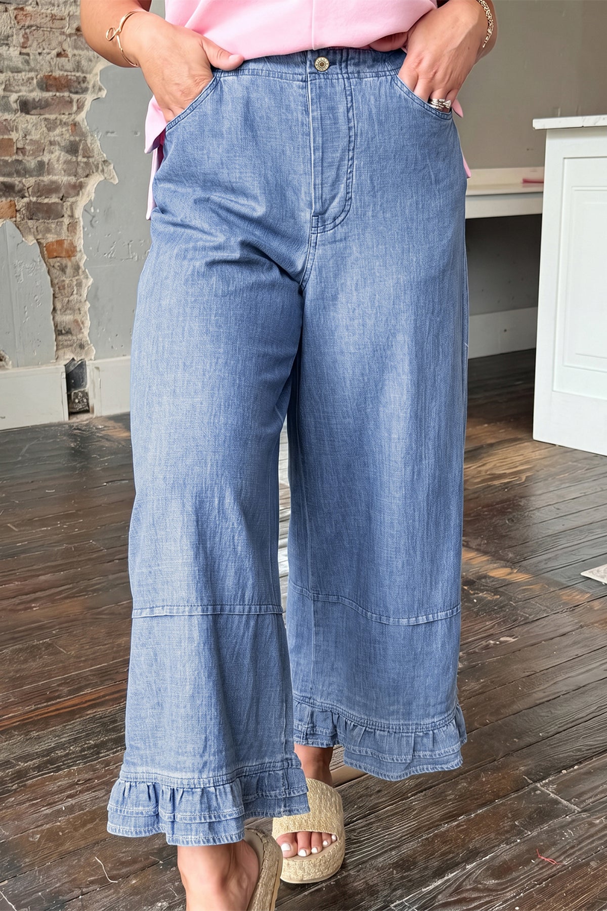 Light Blue Ruffle Hem Wide Leg Full Length Plus Size Jeans - Plus Size/Plus Size Bottoms