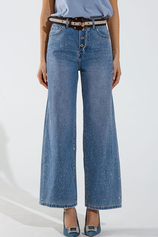Wide Leg Jeans With Exposed Buttons And Stras Details in Mid Wash
