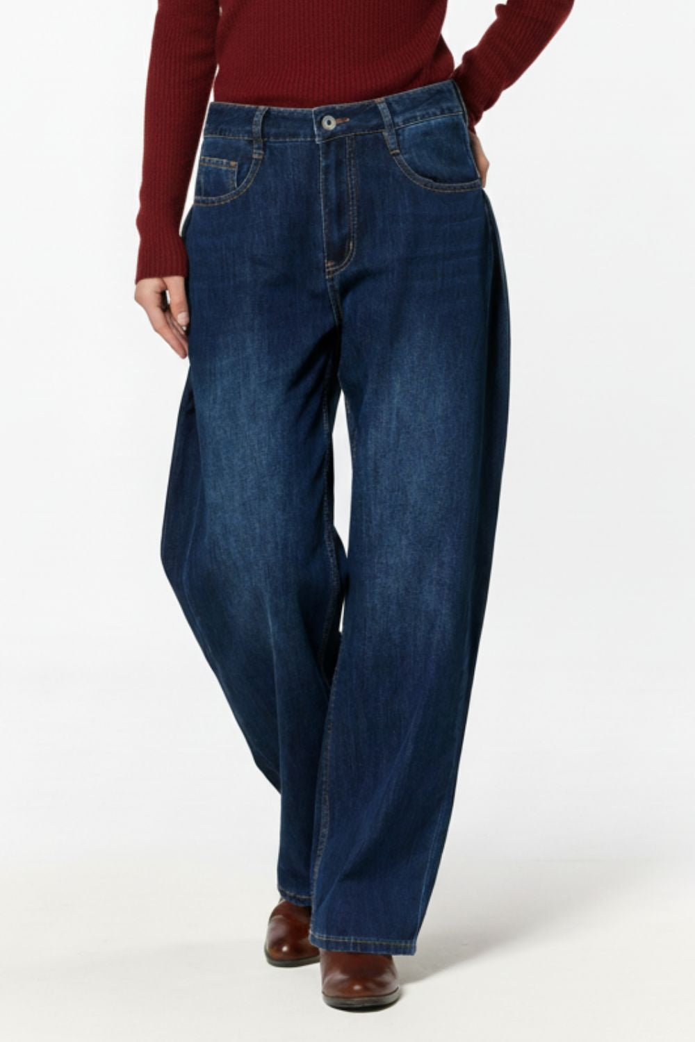 Wide Leg Jeans With Side Dart Detail in Deep Blue - Jeans