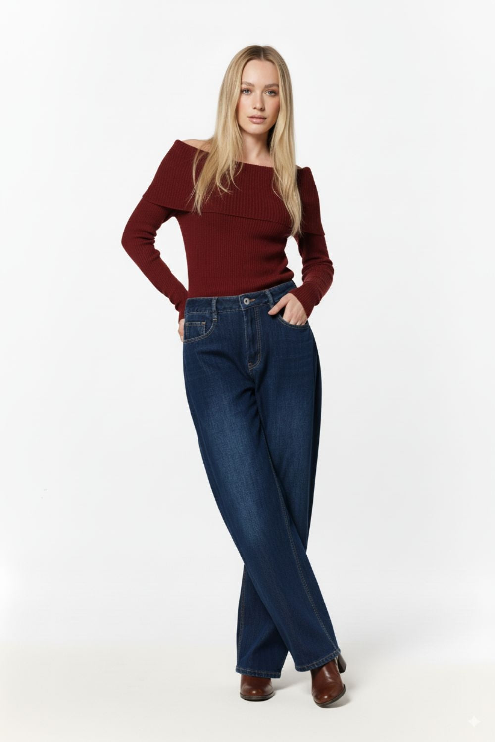 Wide Leg Jeans With Side Dart Detail in Deep Blue - Jeans