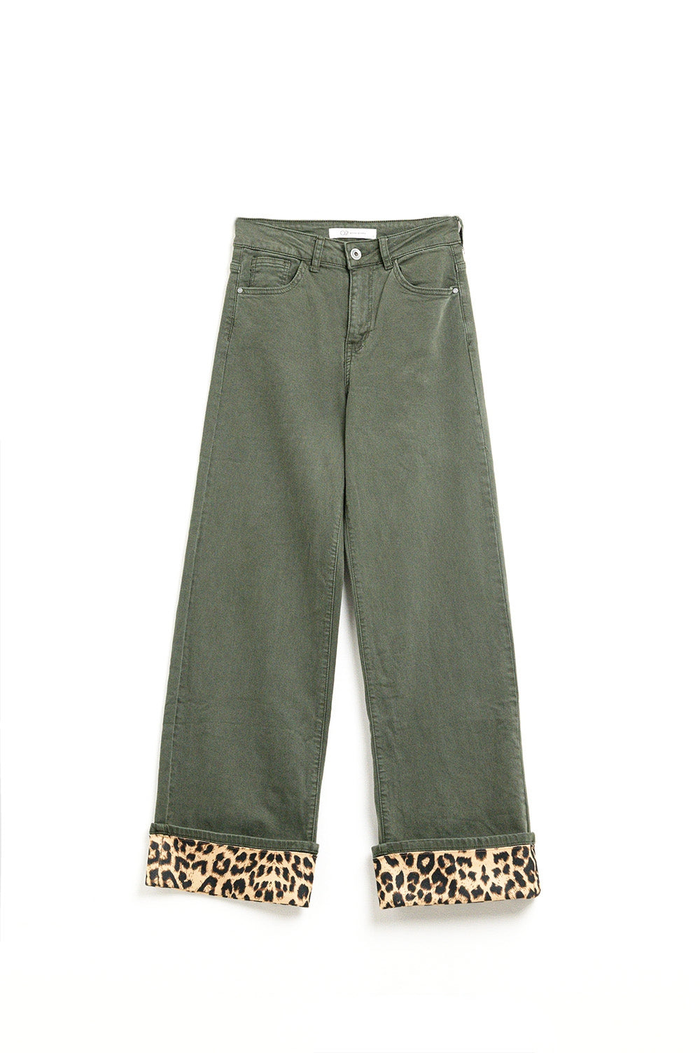 Wide leg military green pants with leopard print at the bottom - Trousers