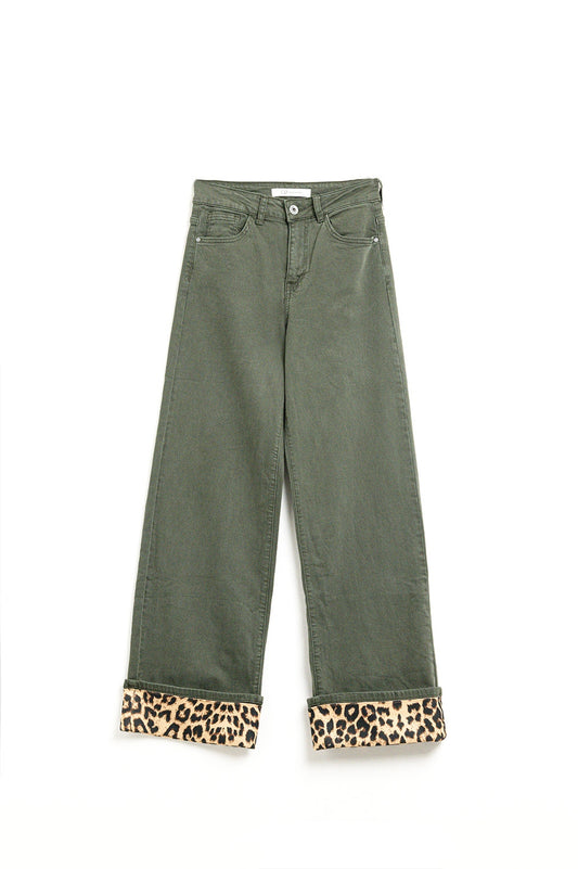 Wide leg military green pants with leopard print at the bottom - Trousers