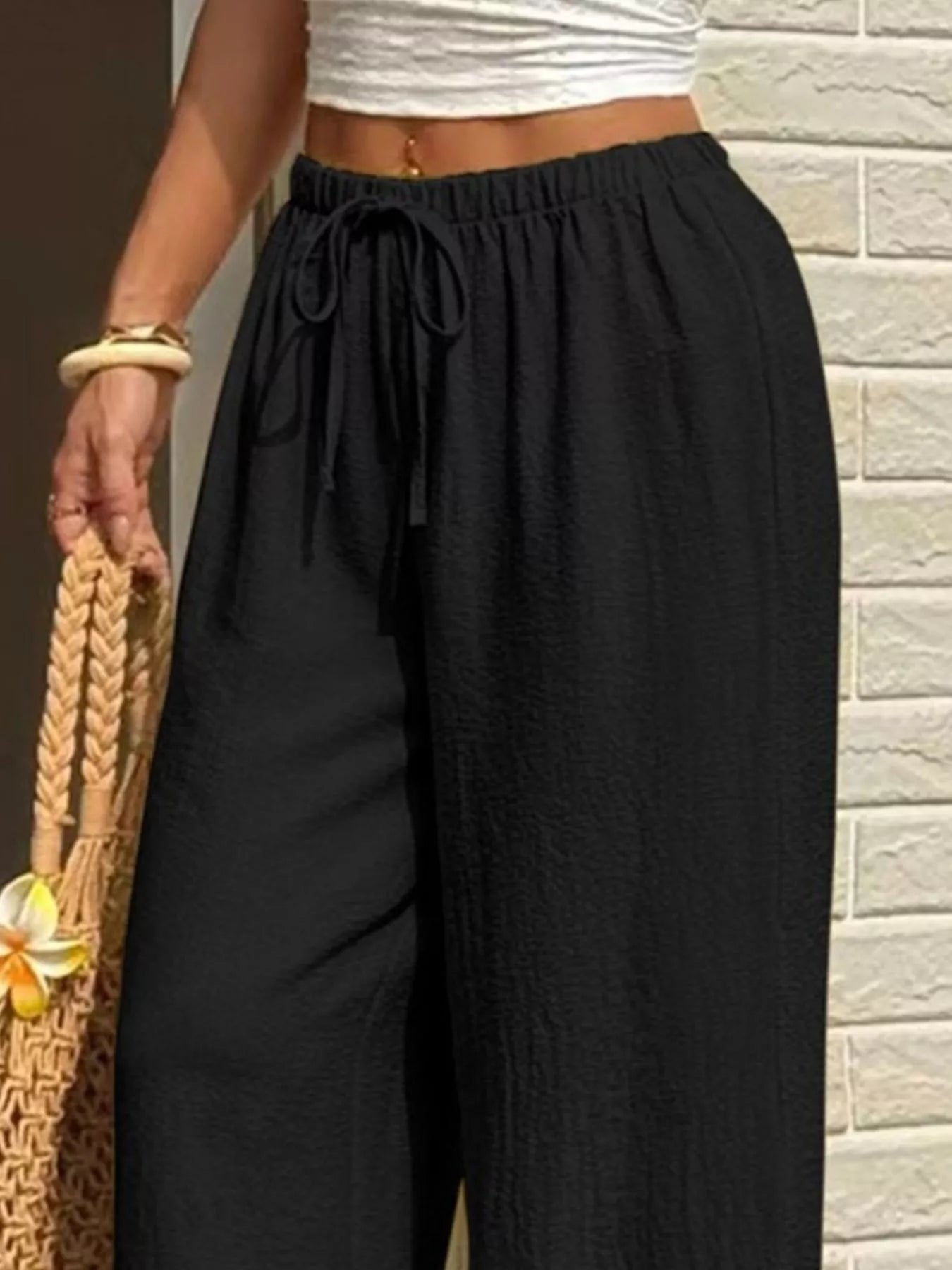 Plus Size Wide Leg Drawstring Pants - Pants