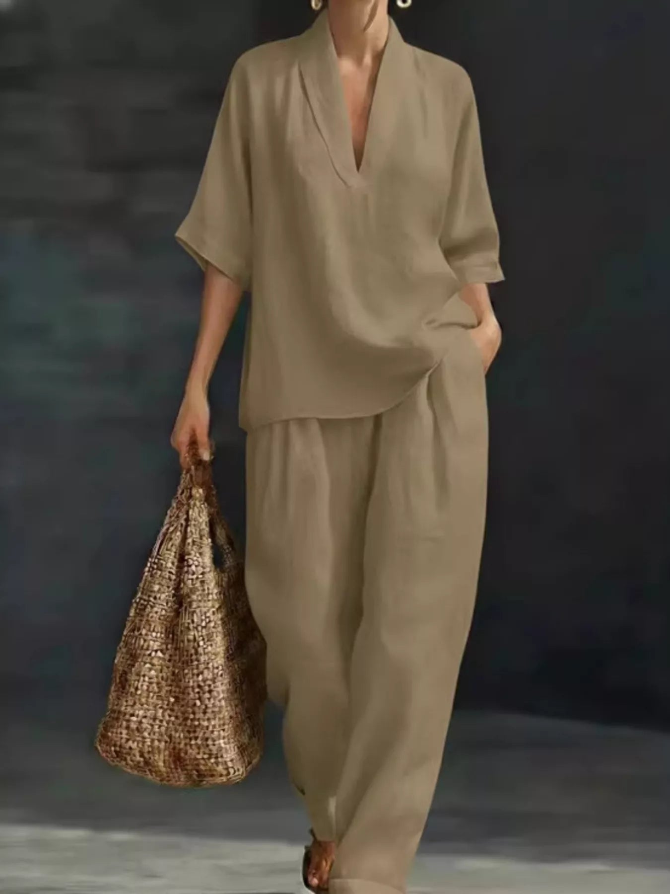 Full Size Half Sleeve Top and Wide Leg Pants Set Plus Size Khaki - Outfit Sets