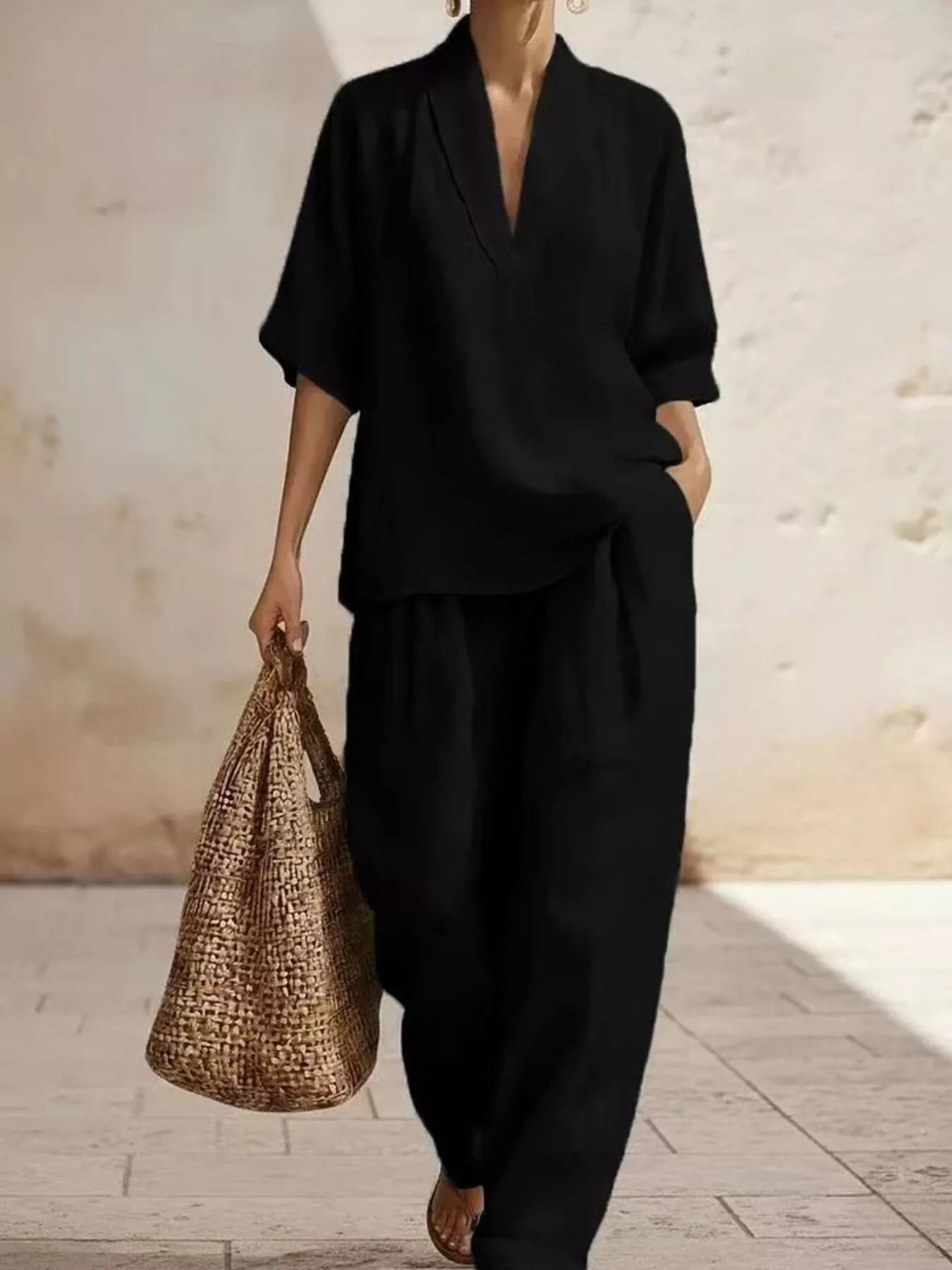 Full Size Half Sleeve Top and Wide Leg Pants Set Plus Size Black - Outfit Sets