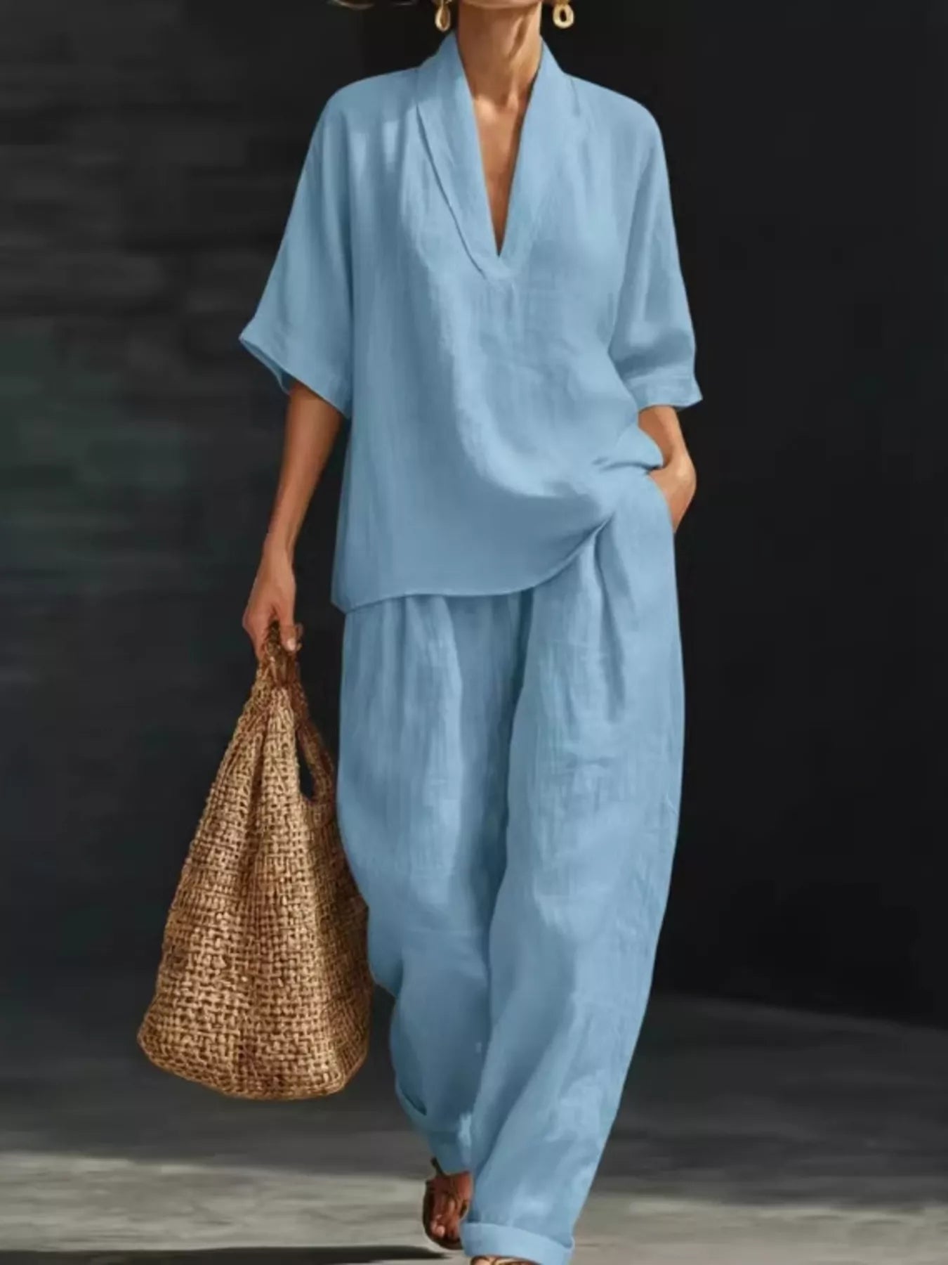Full Size Half Sleeve Top and Wide Leg Pants Set Plus Size Sky Blue - Outfit Sets