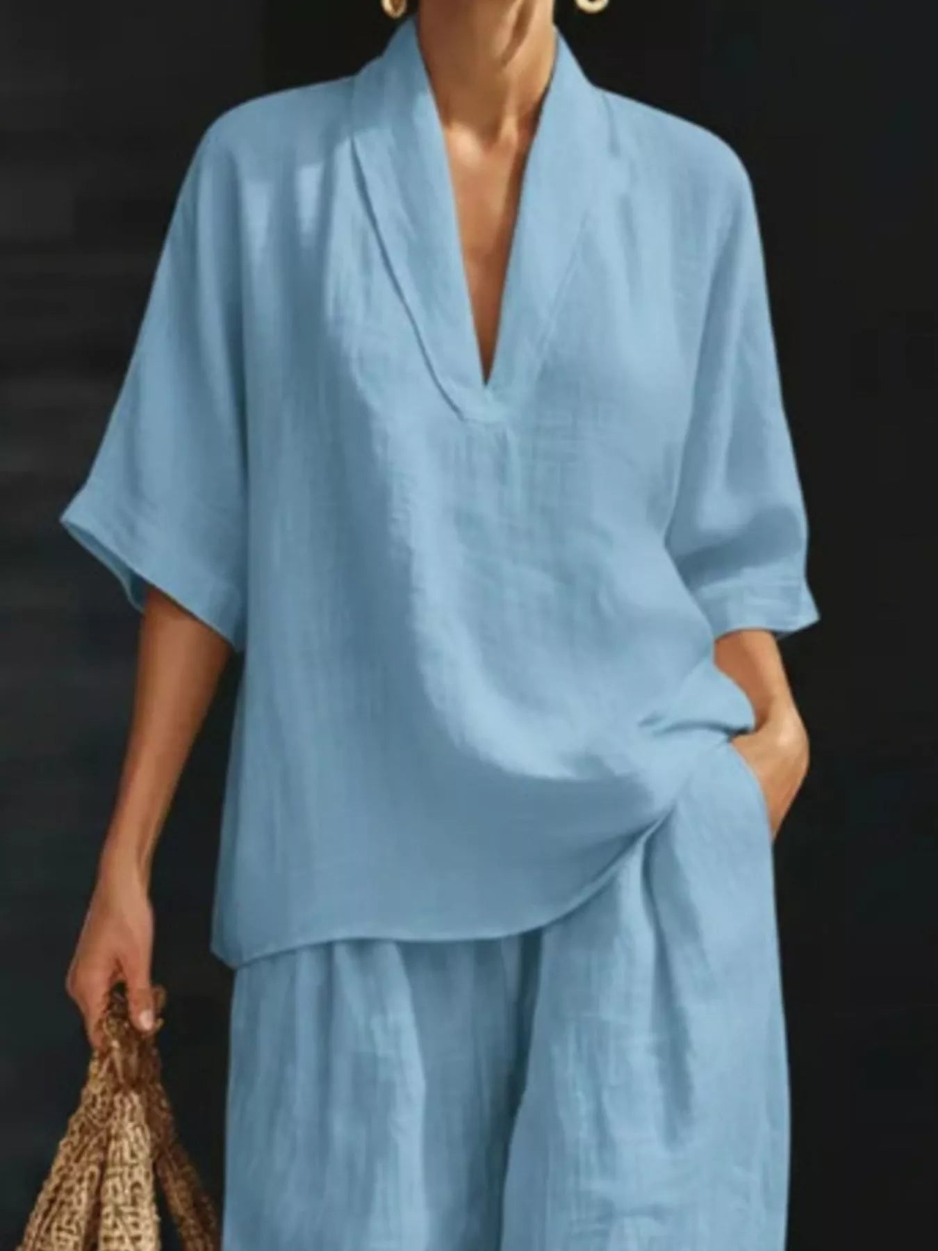 Full Size Half Sleeve Top and Wide Leg Pants Set Plus Size - Outfit Sets