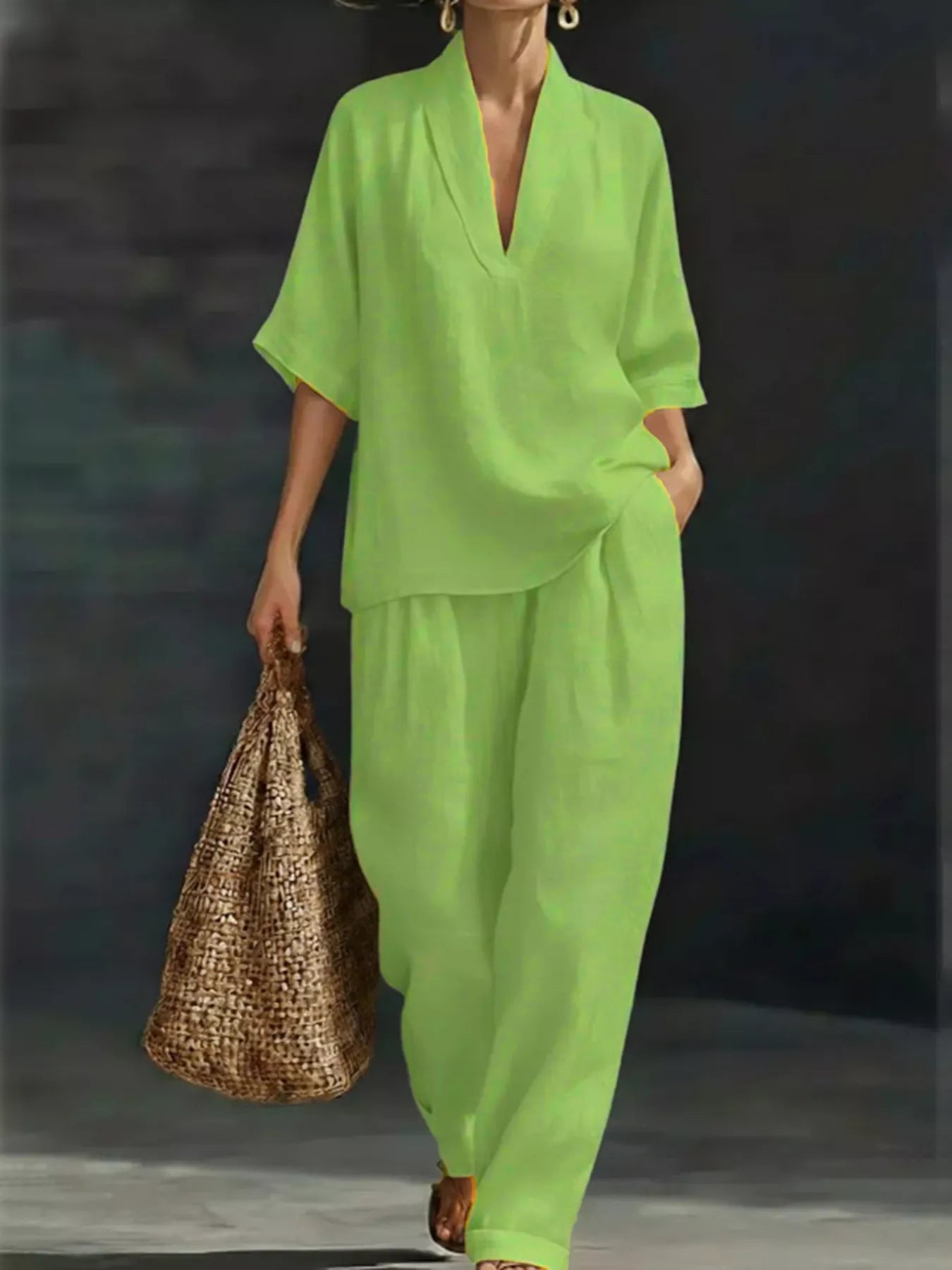 Full Size Half Sleeve Top and Wide Leg Pants Set Plus Size Lime - Outfit Sets