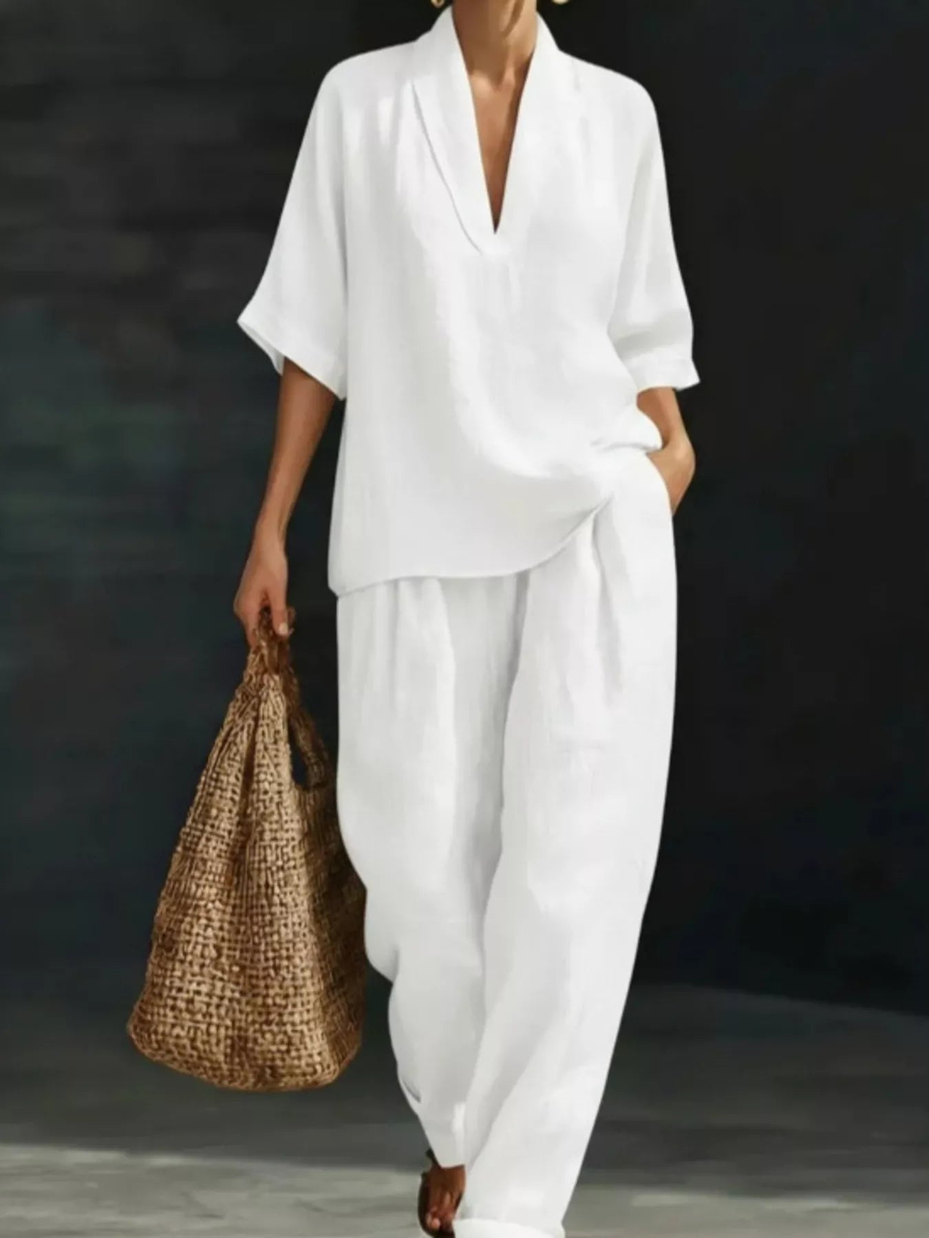 Full Size Half Sleeve Top and Wide Leg Pants Set Plus Size White - Outfit Sets
