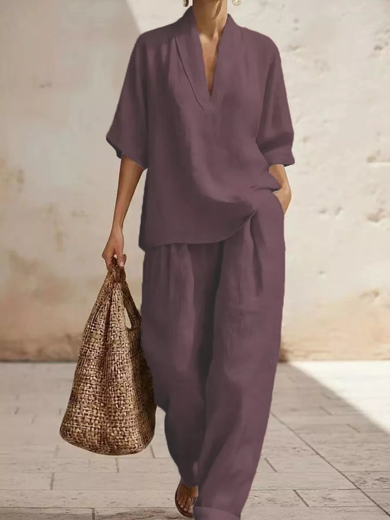 Full Size Half Sleeve Top and Wide Leg Pants Set Plus Size Mauve - Outfit Sets