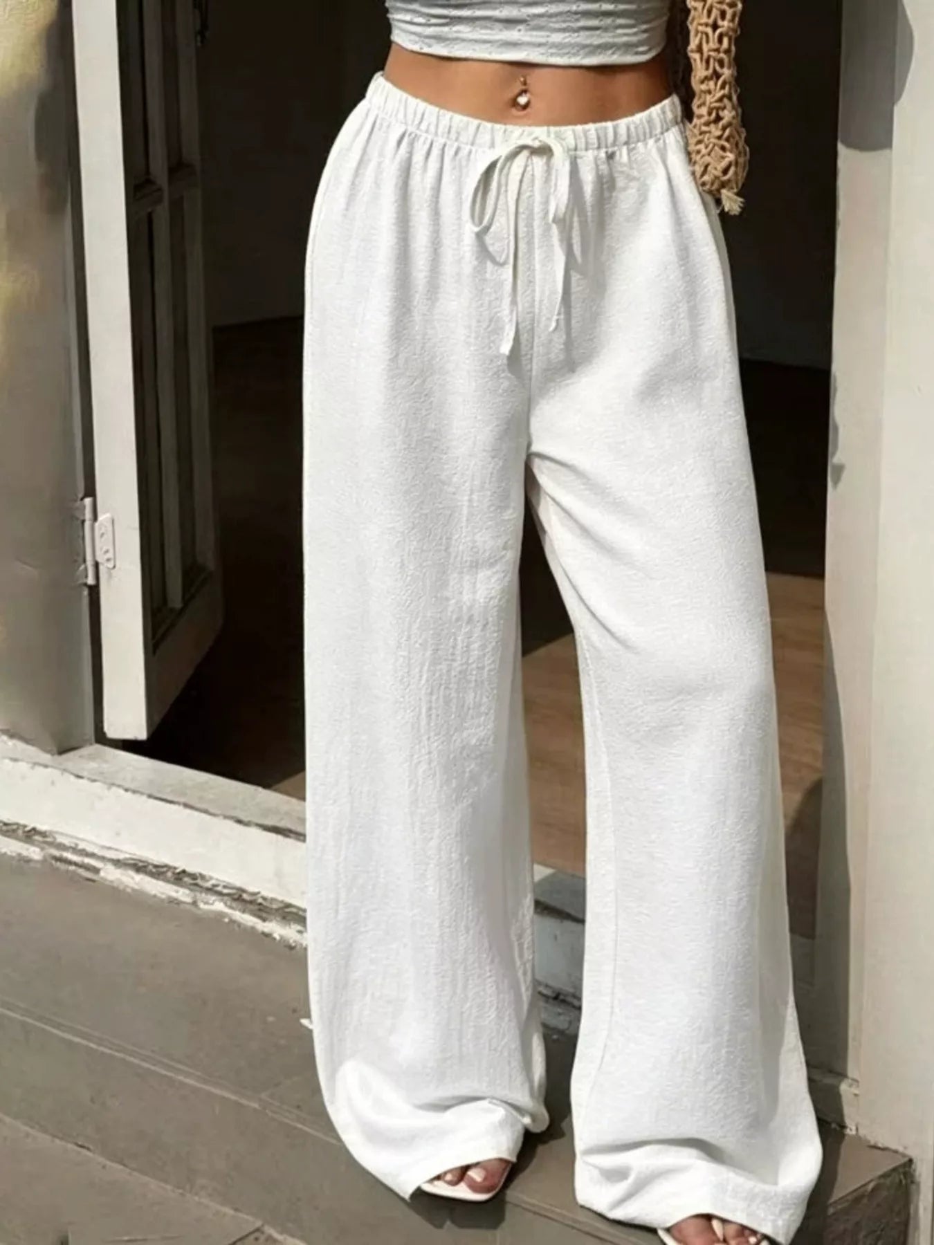 Plus Size Wide Leg Drawstring Pants White - Pants