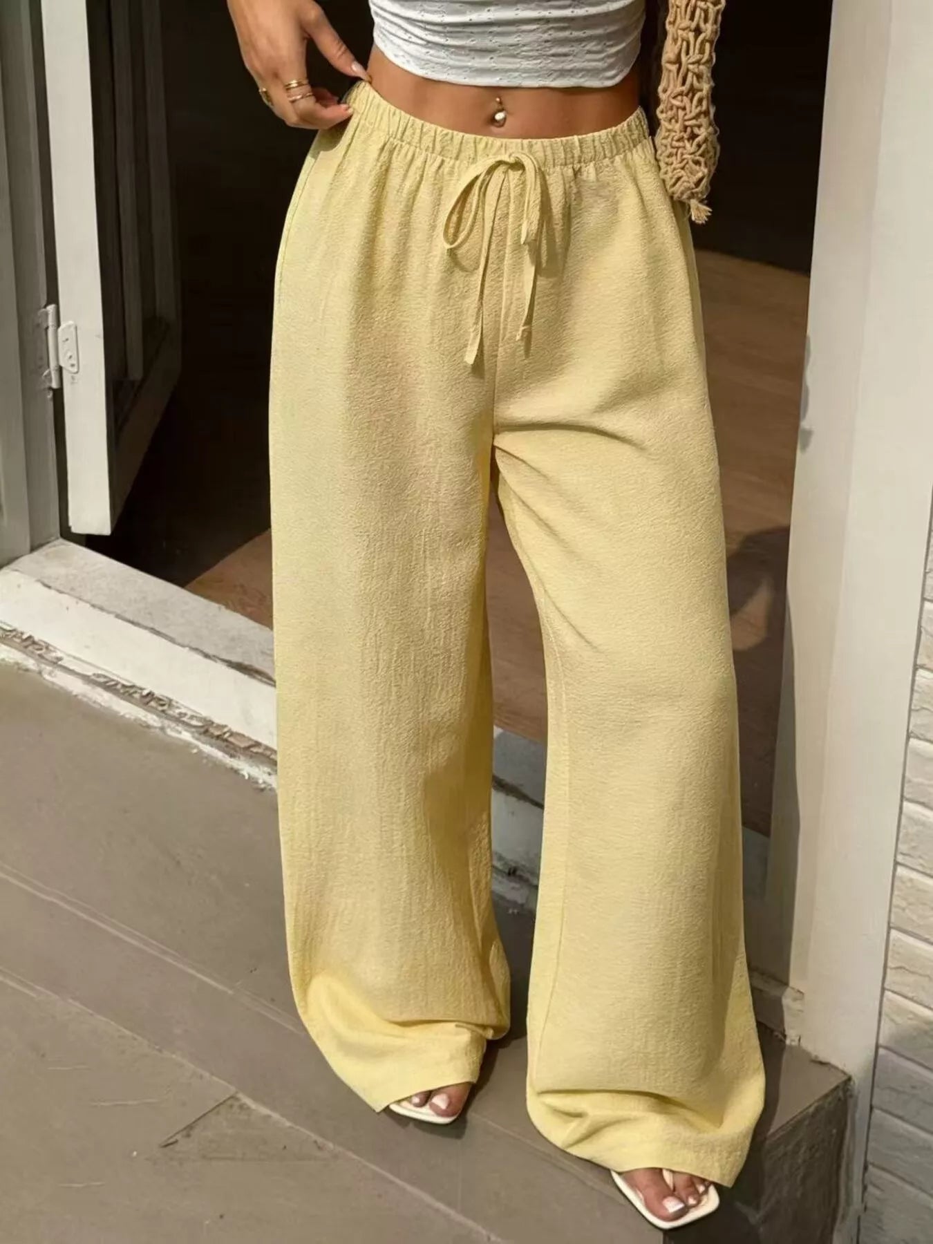 Plus Size Wide Leg Drawstring Pants Yellow - Pants