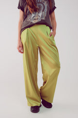 pantalon large en satin vert citron