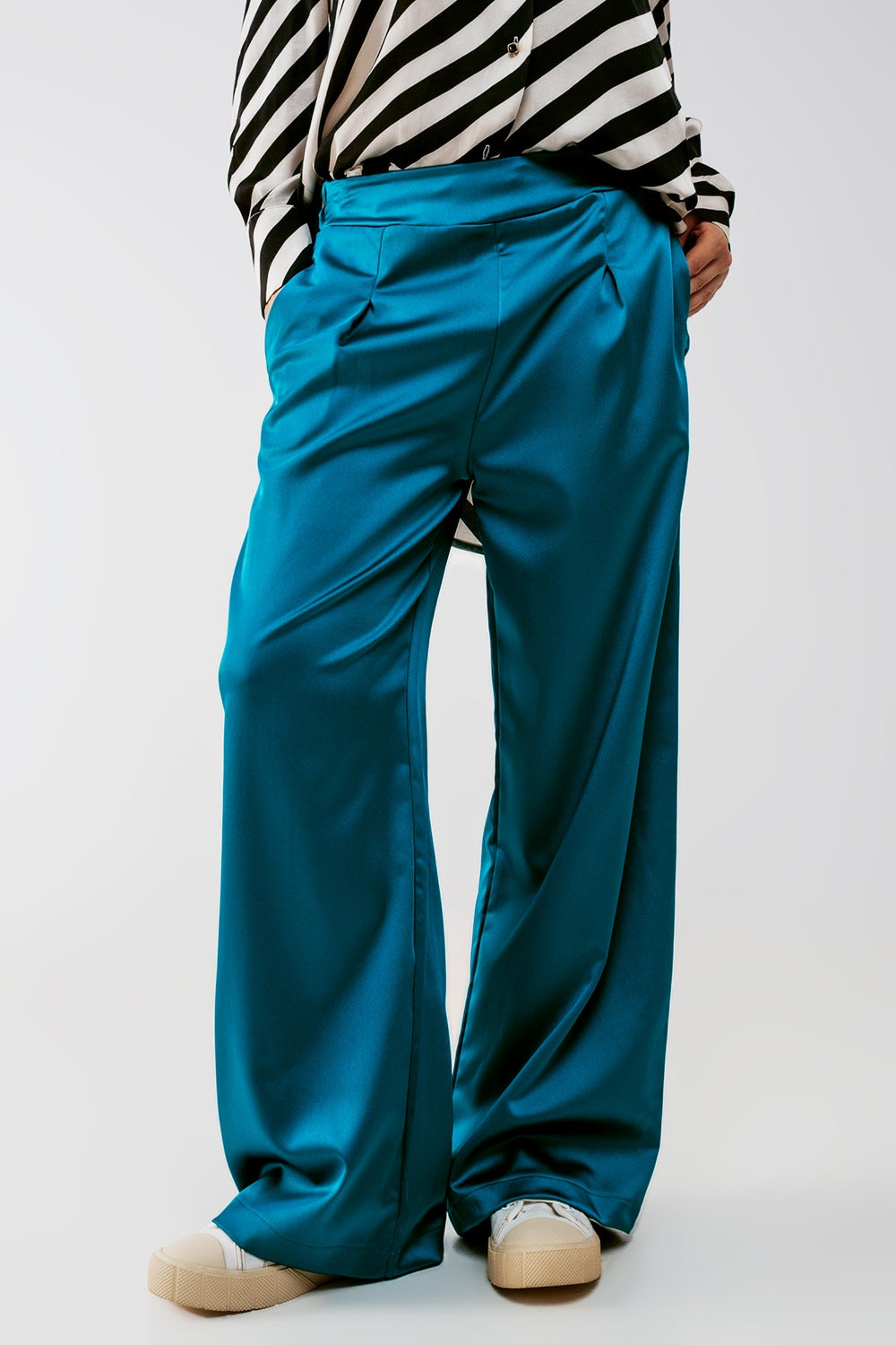 wide leg satin pants in blue - Trousers