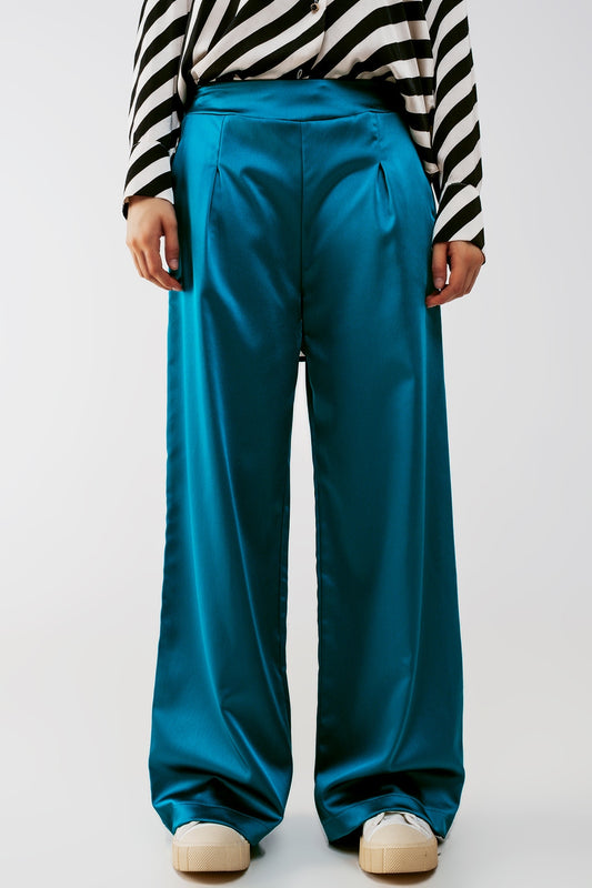 wide leg satin pants in blue - Trousers