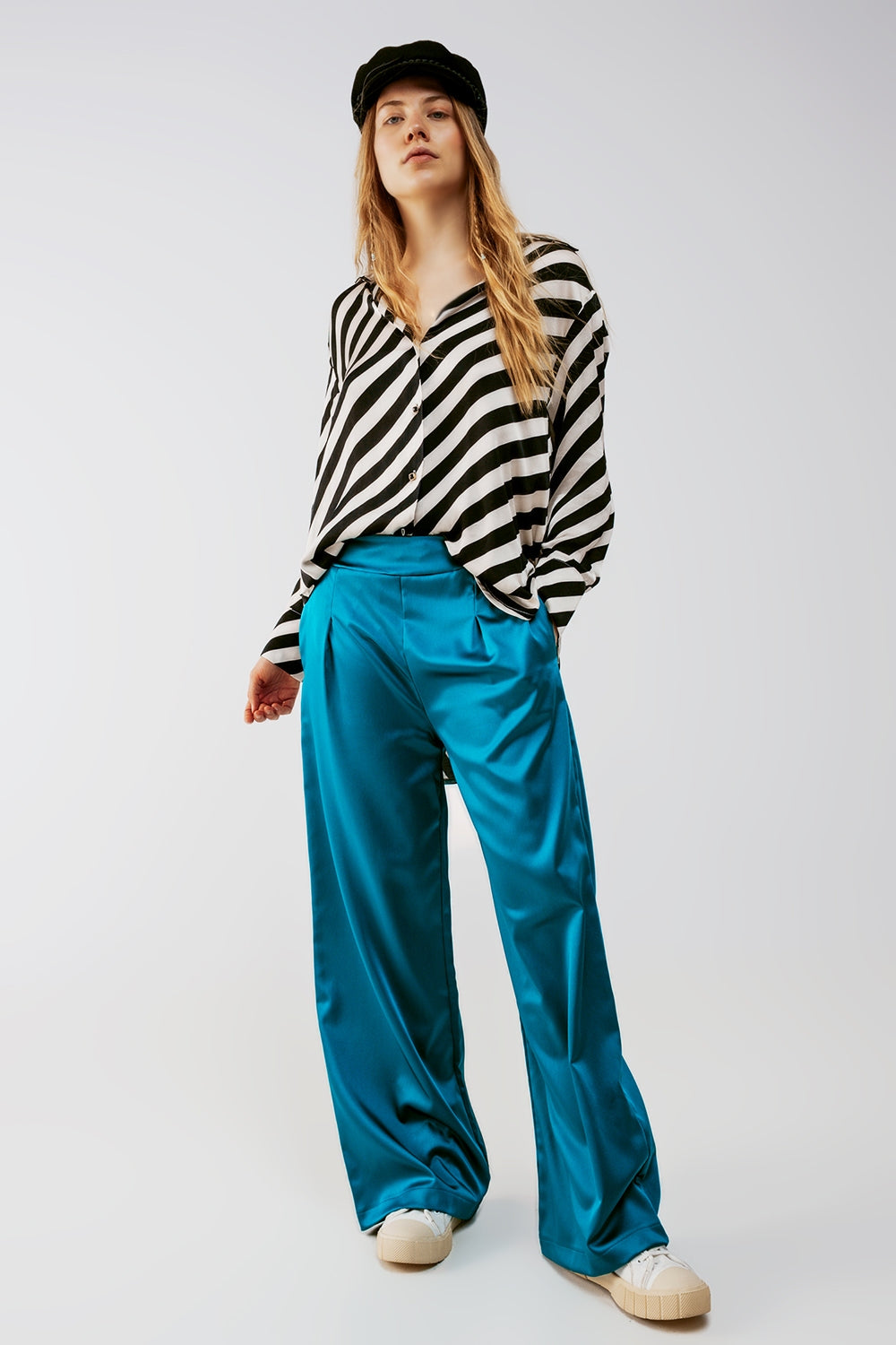 wide leg satin pants in blue - Trousers