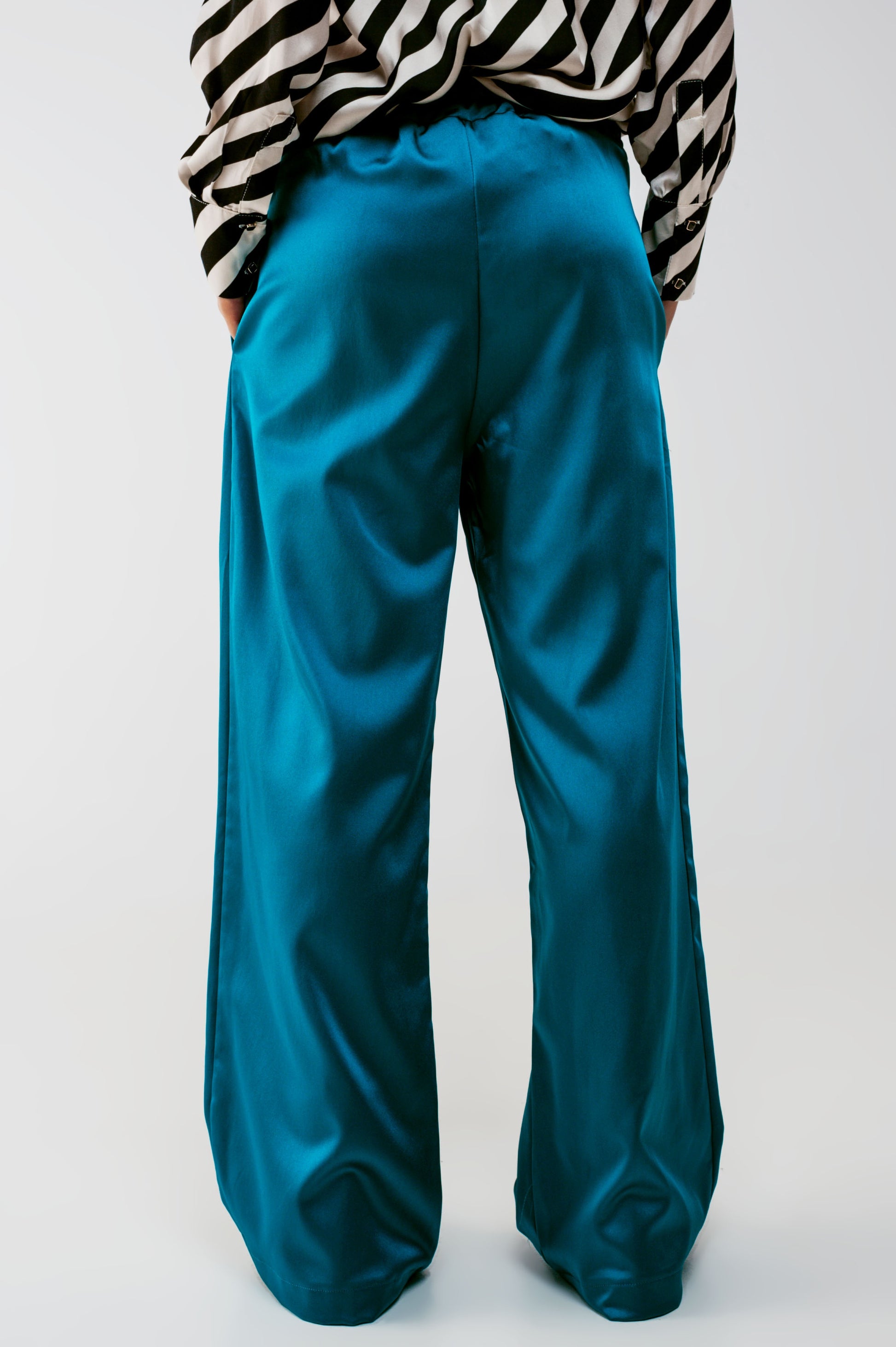 wide leg satin pants in blue - Trousers
